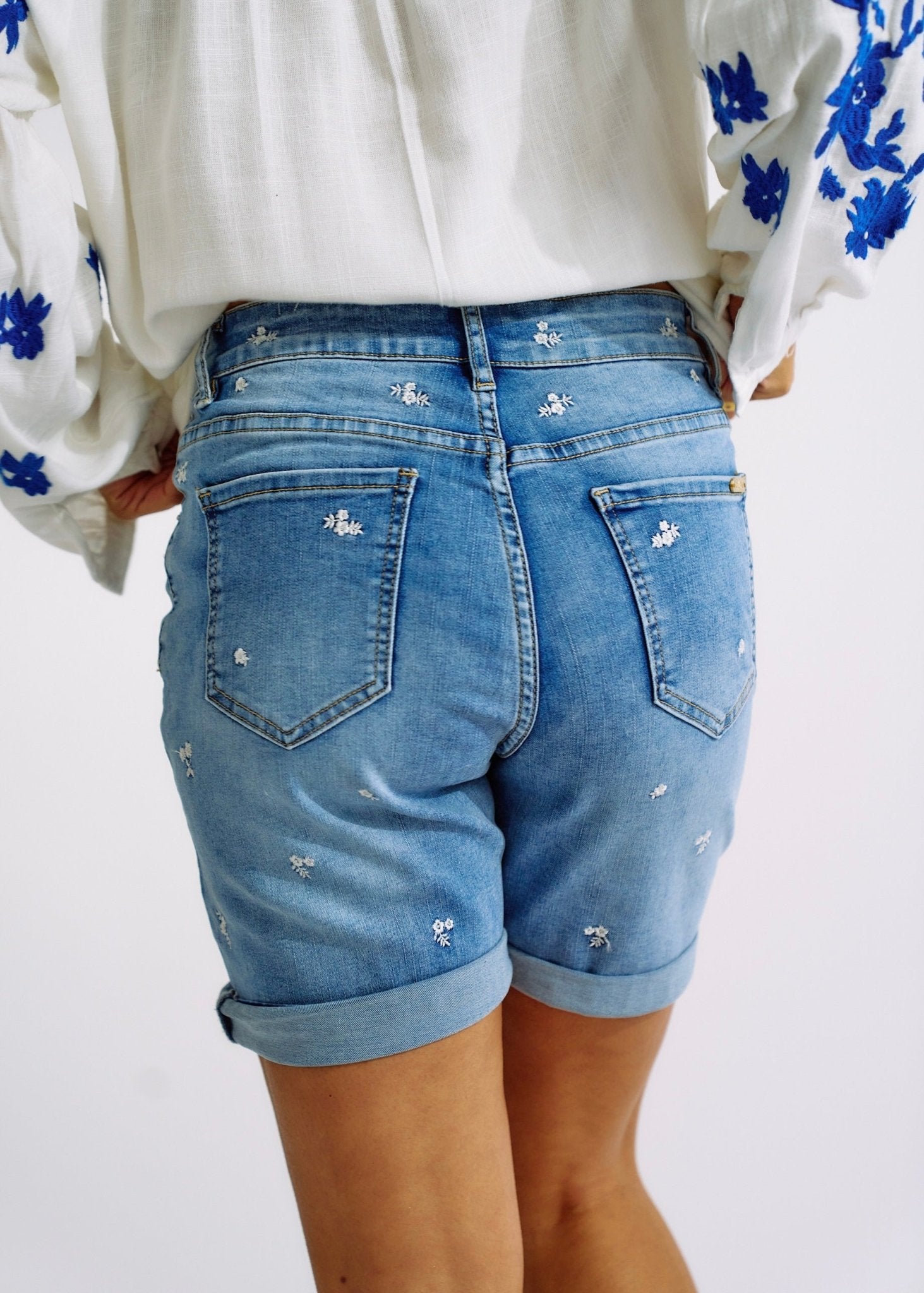 Denim Shorts with Floral Embroidery and Crochet BeltBOTTOMS - Tribute Store