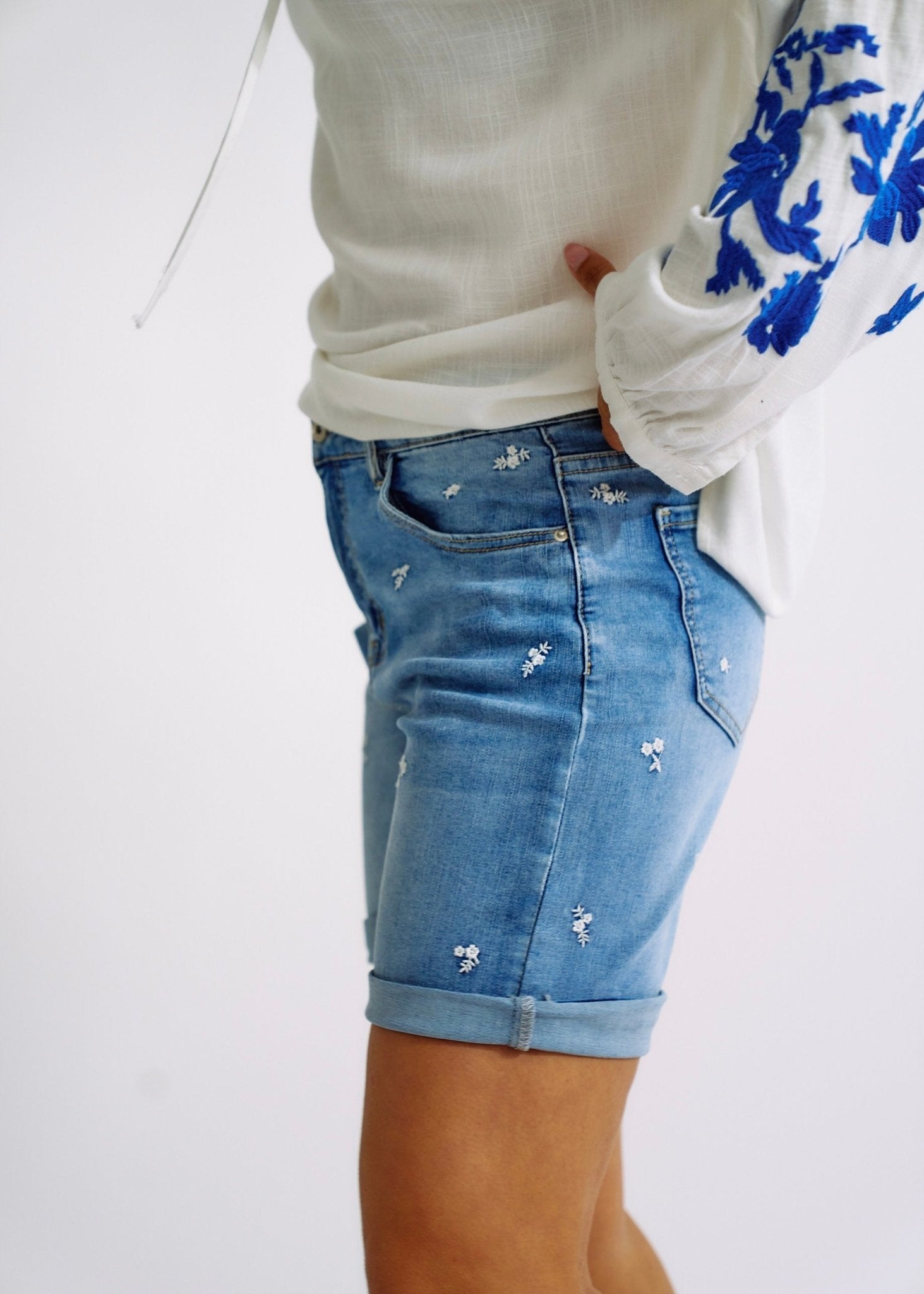 Denim Shorts with Floral Embroidery and Crochet BeltBOTTOMS - Tribute Store