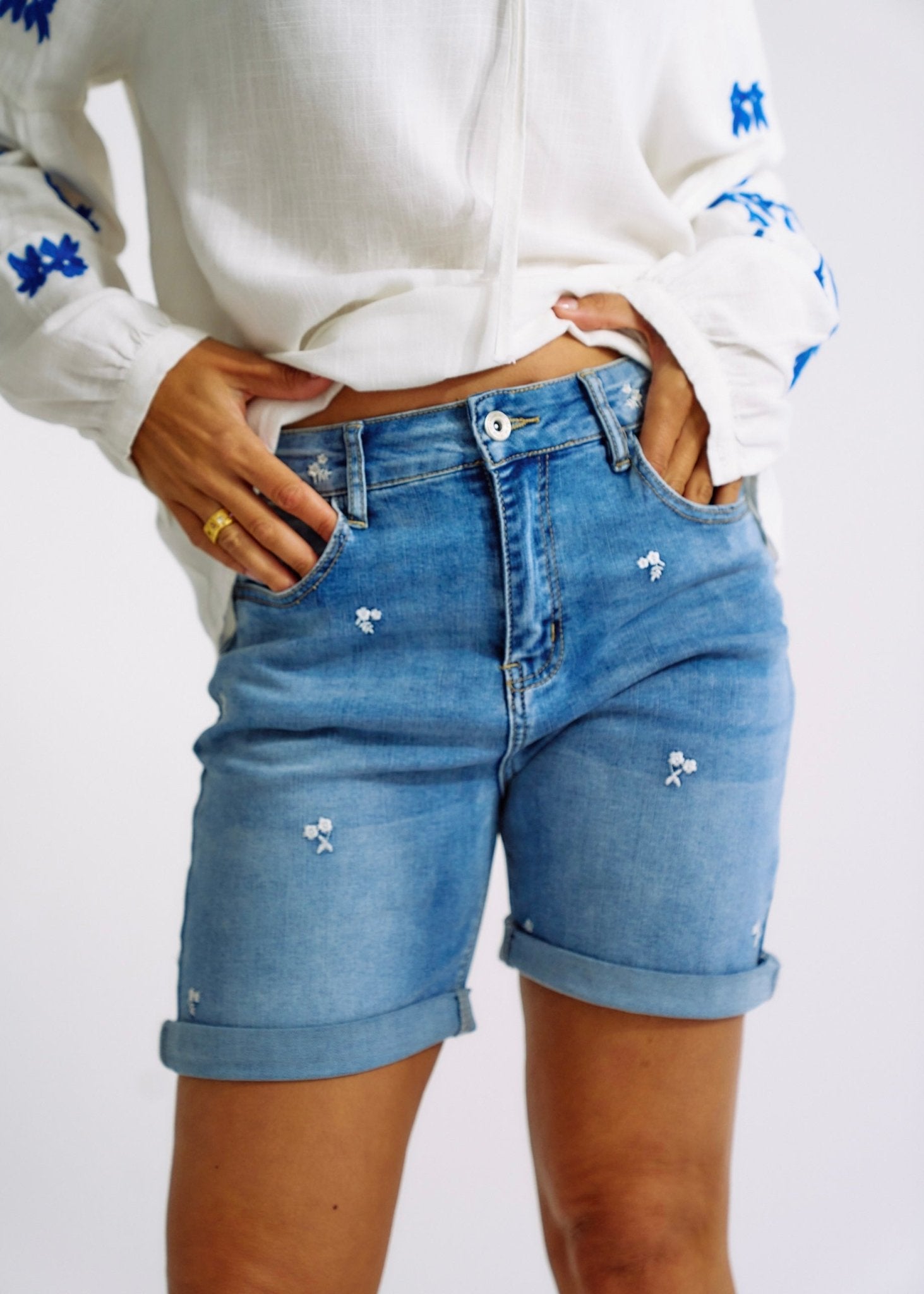 Denim Shorts with Floral Embroidery and Crochet BeltBOTTOMS - Tribute Store