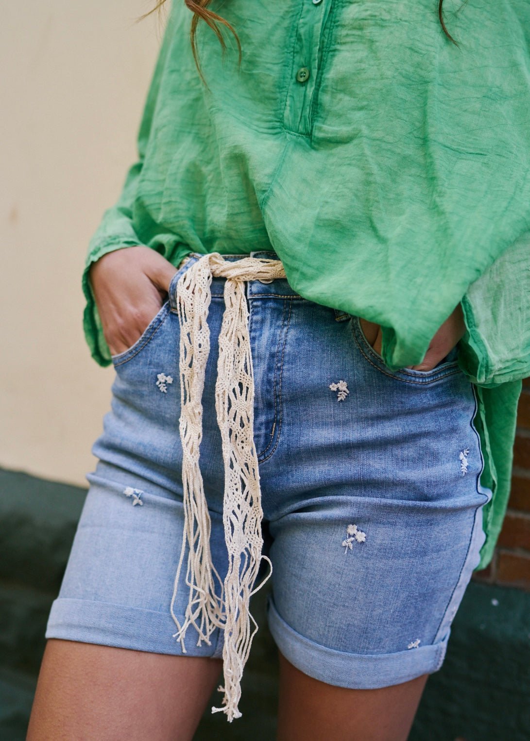 Denim Shorts with Floral EmbroideryBOTTOMS - Tribute Store