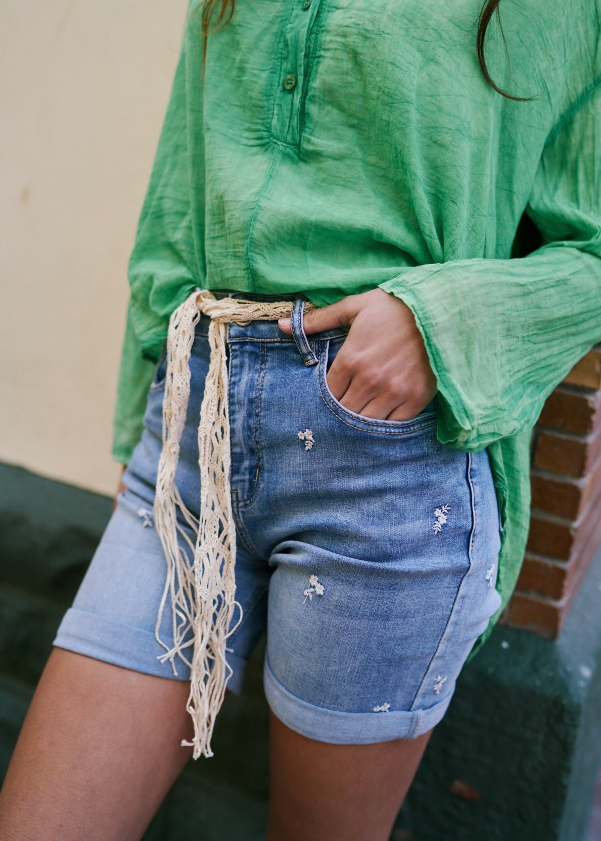 Denim Shorts with Floral EmbroideryBOTTOMS - Tribute Store