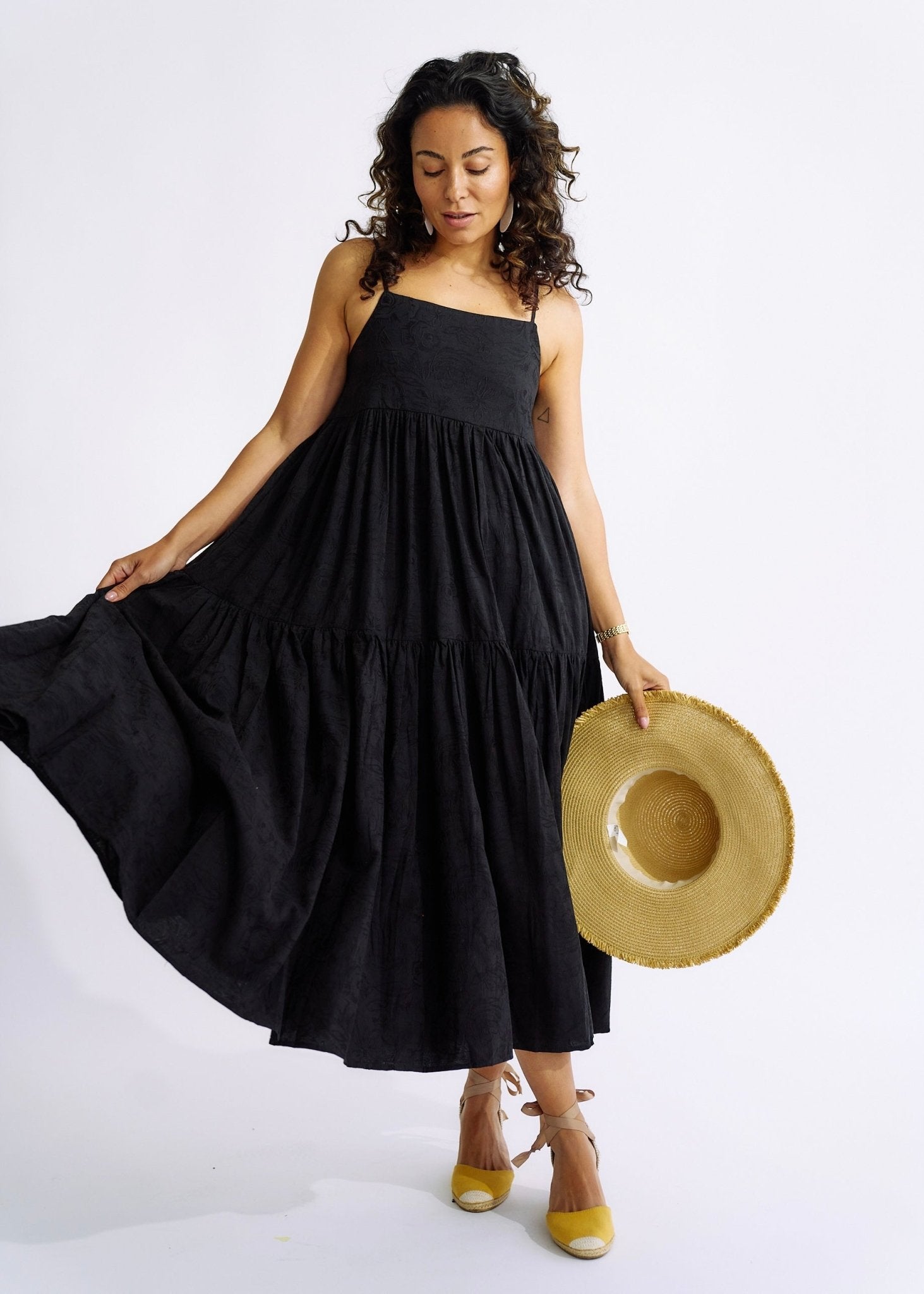 Embroidered Cotton Maxi Dress in BlackDRESSES - Tribute Store