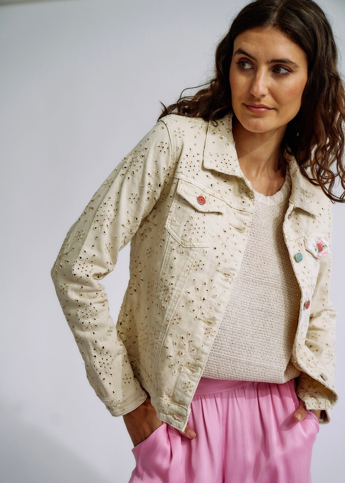 Embroidered Denim Jacket with Floral Detail in BeigeJACKETS - Tribute Store