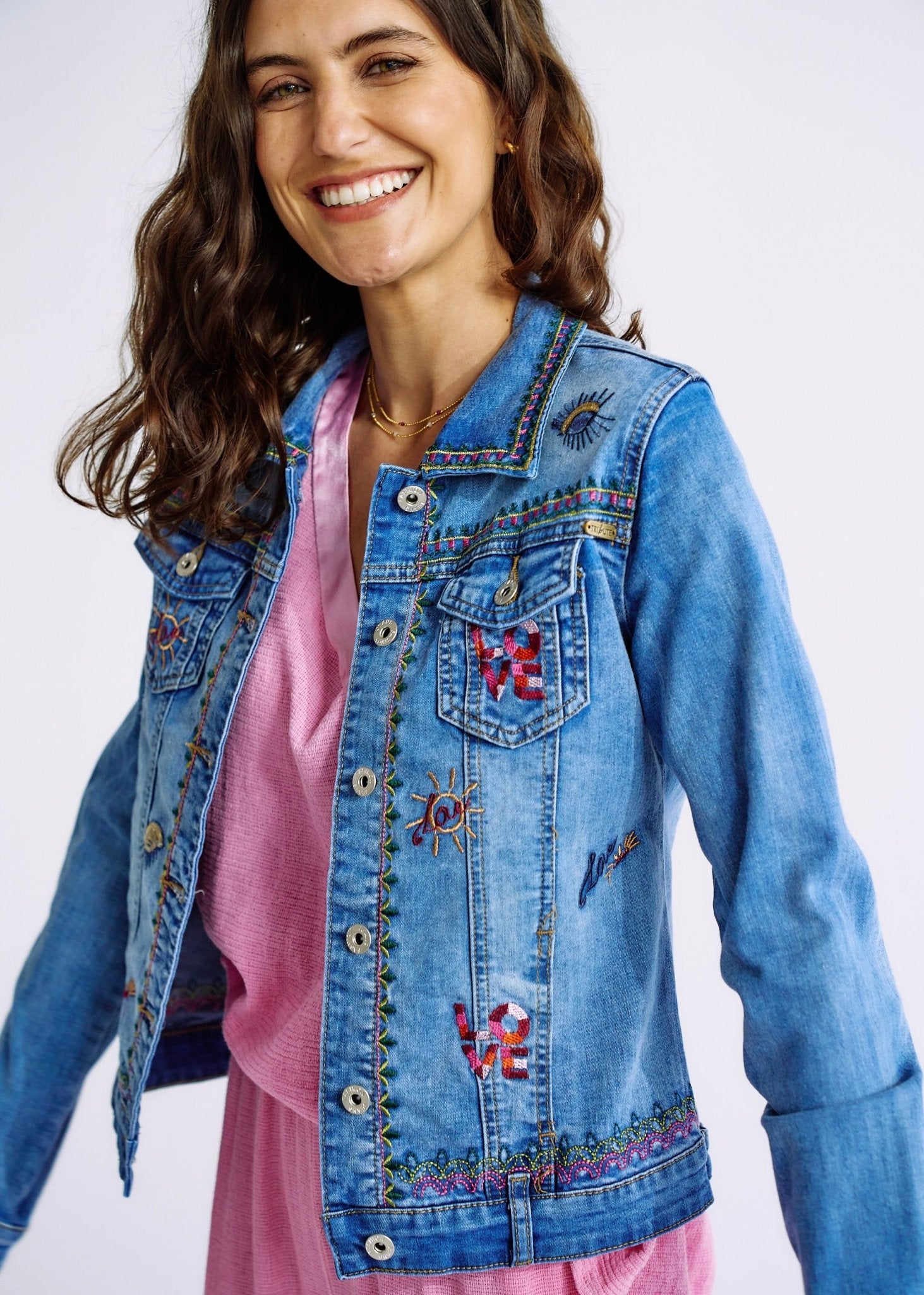 Embroidered Denim Love Jacket in BlueJACKETS - Tribute Store