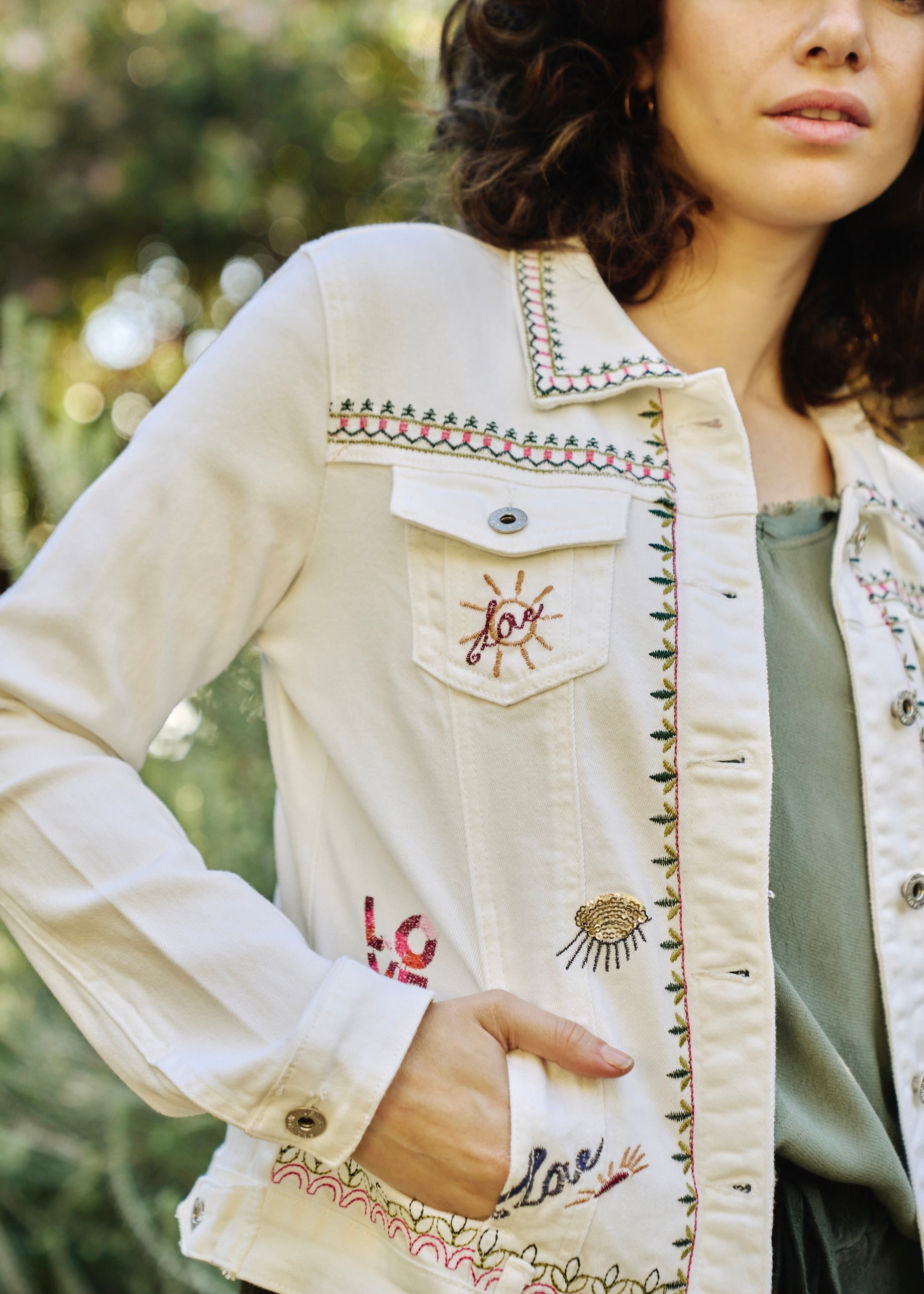 Embroidered Denim Love Jacket in WhiteJACKETS - Tribute Store