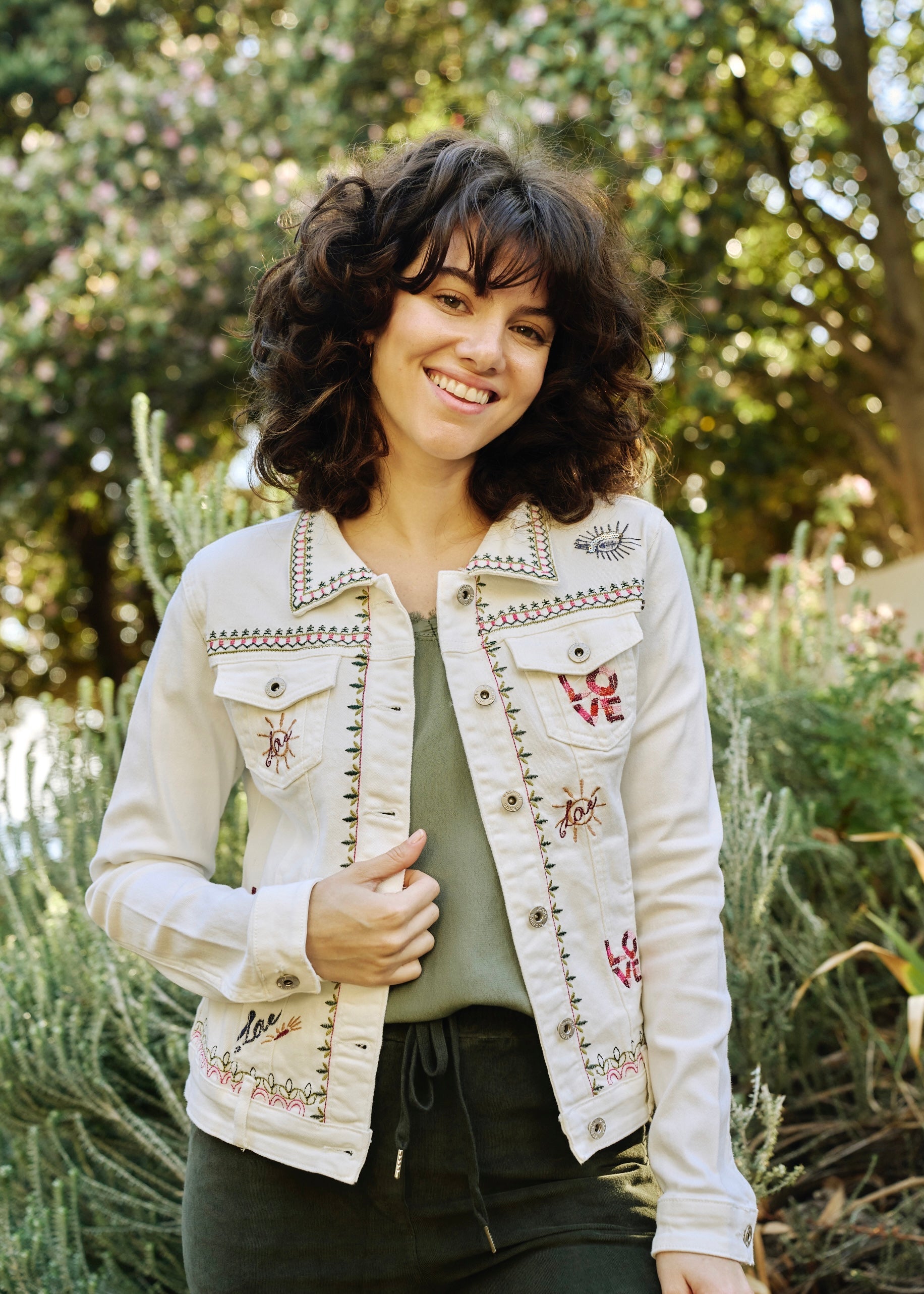 Embroidered Denim Love Jacket in WhiteJACKETS - Tribute Store