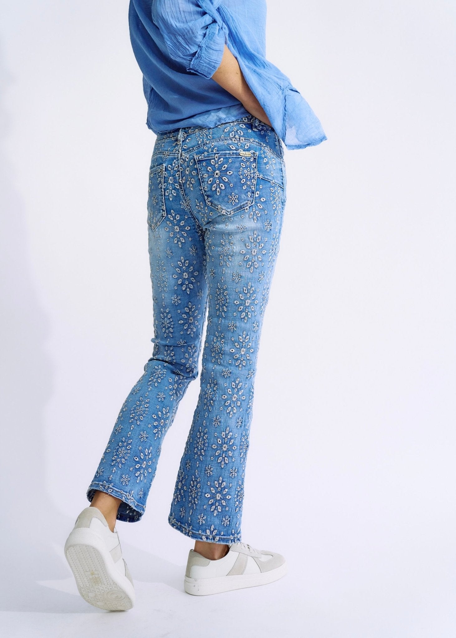 Embroidered Relaxed High Waisted Blue Jeans With Bell BottomBOTTOMS - Tribute Store