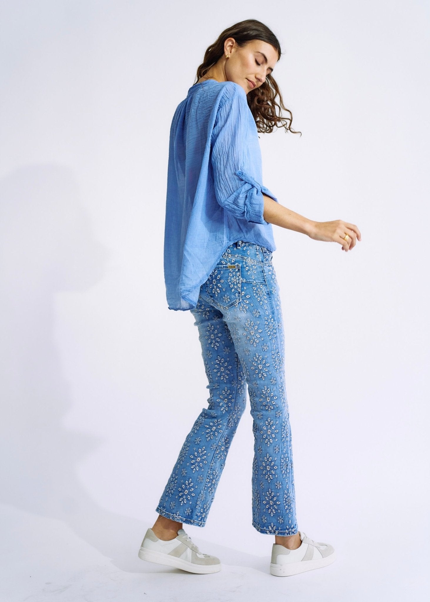 Embroidered Relaxed High Waisted Blue Jeans With Bell BottomBOTTOMS - Tribute Store