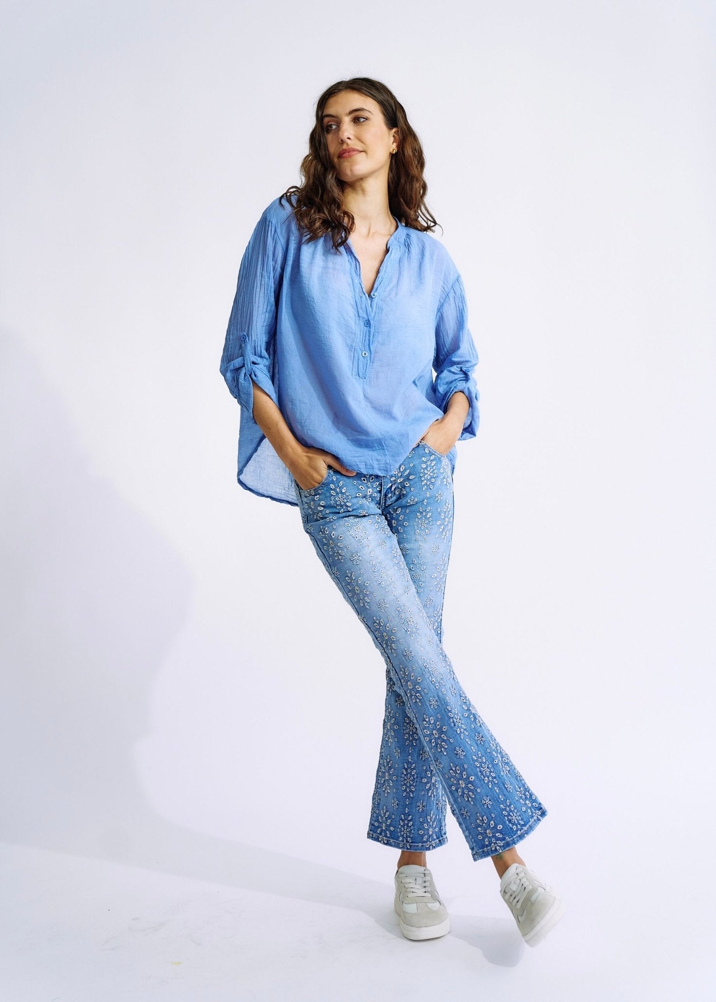 Embroidered Relaxed High Waisted Blue Jeans With Bell BottomBOTTOMS - Tribute Store