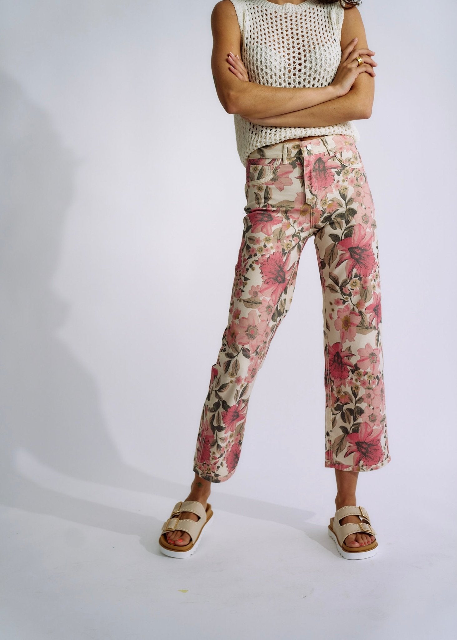 Flared and Cropped Reversible Jeans with Summer Print in BeigeBOTTOMS - Tribute Store