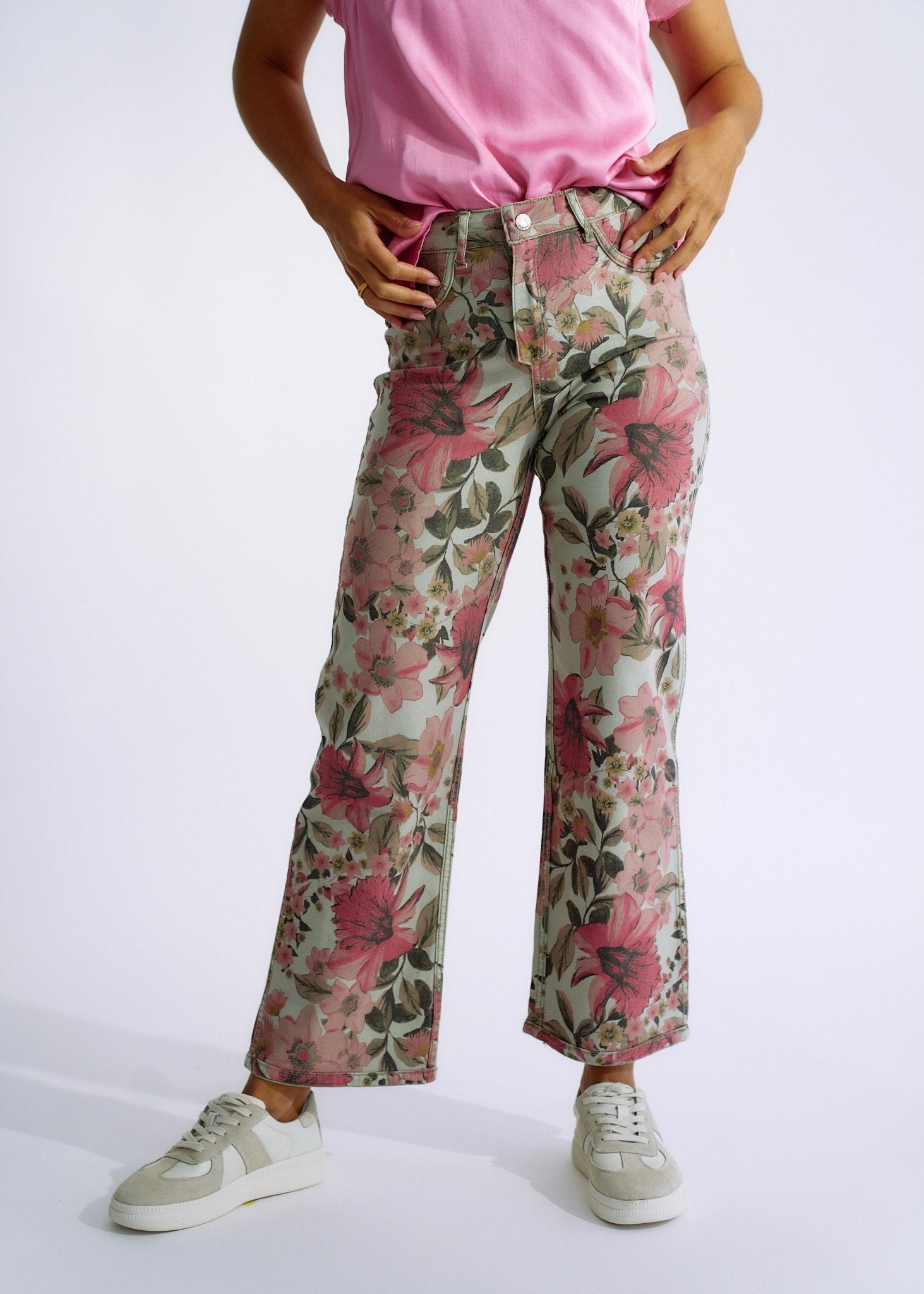 Flared and Cropped Reversible Jeans with Summer Print in KhakiBOTTOMS - Tribute Store