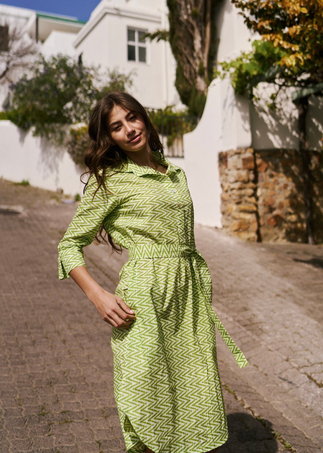 Gaby Shirt Dress With Zig Zag Print In LimeDRESSES - Tribute Store