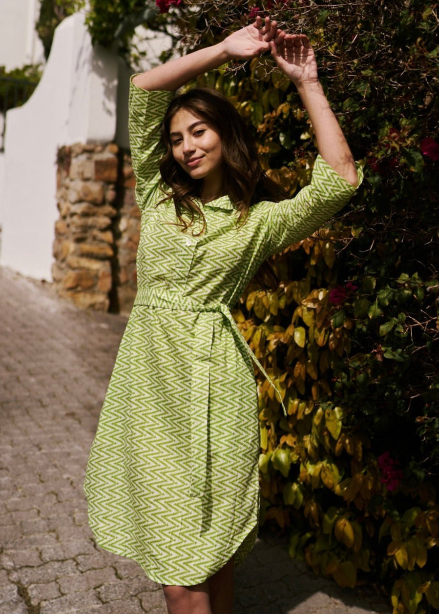 View our Gaby Shirt Dress With Zig Zag Print In Lime - The ultimate DRESSES created by ICONIC and sold here, at Tribute Store