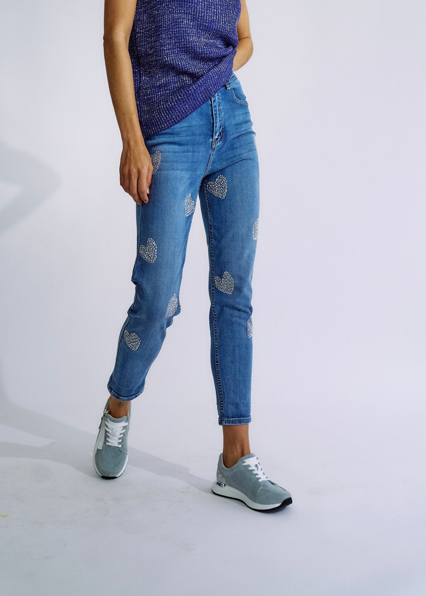 High Waisted Jeans with Sparkling Hearts in BlueBOTTOMS - Tribute Store