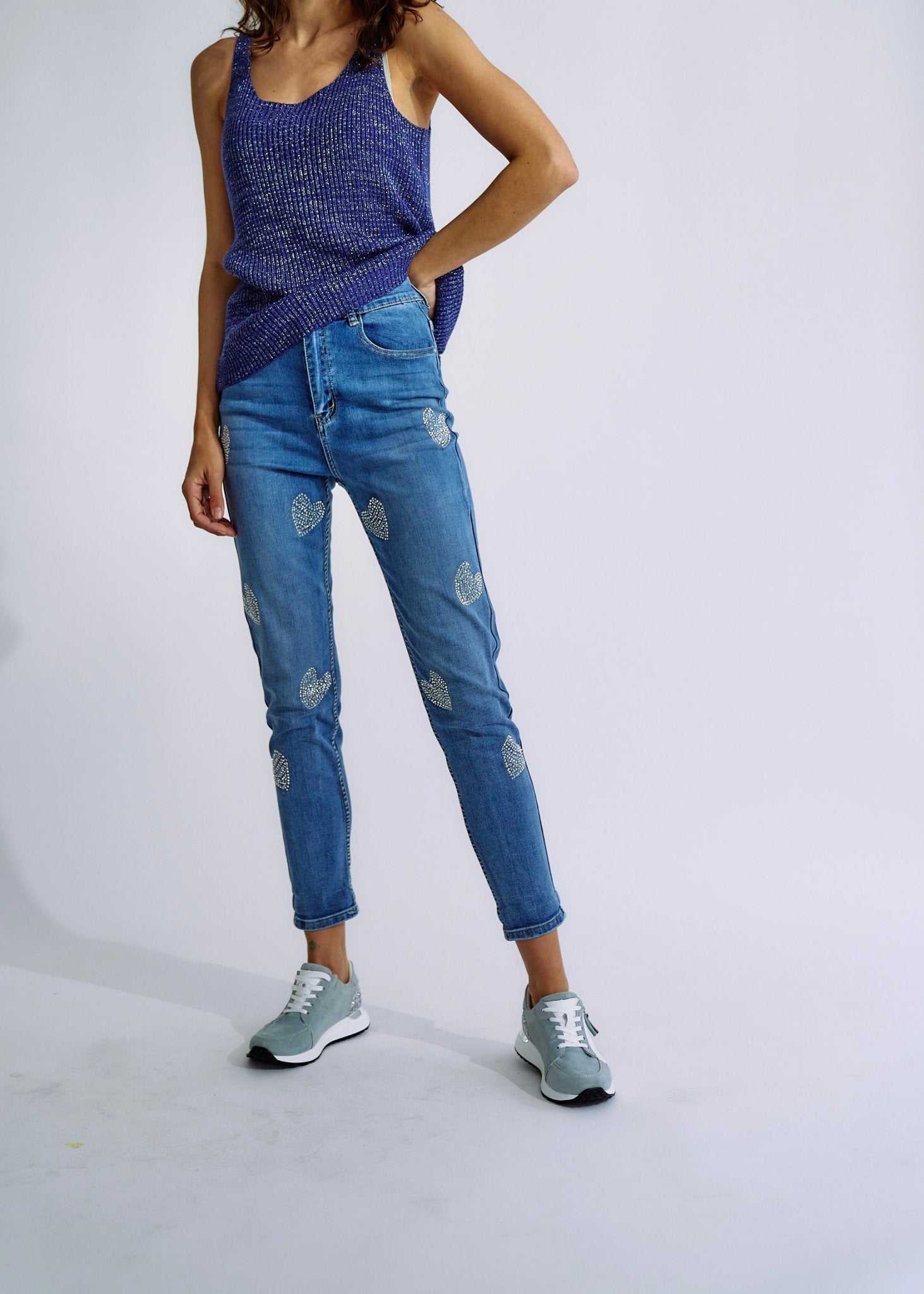 High Waisted Jeans with Sparkling Hearts in BlueBOTTOMS - Tribute Store