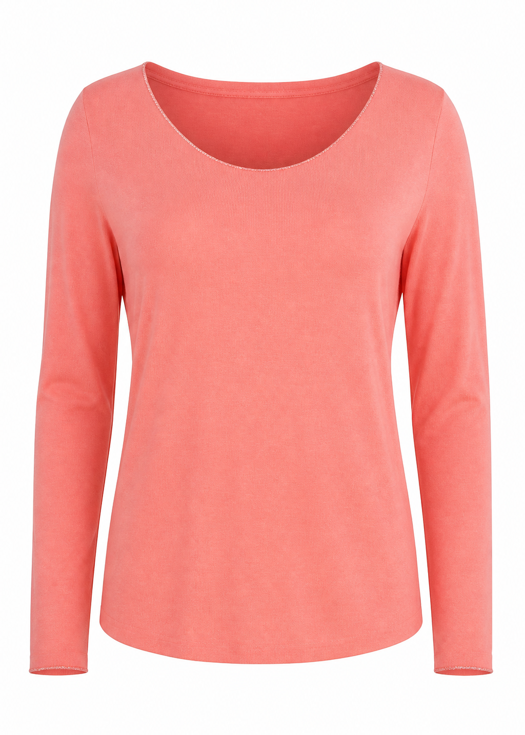 A coral pink long-sleeve scoop neck top displayed on a clean white background.