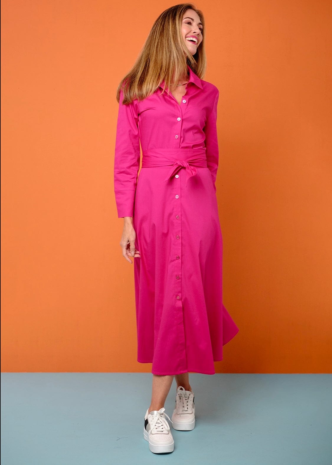 ICONIC DRESSES Button up Midi Shirt Dress With Sash In Cerise Button up Midi Shirt Dress With Sash In Cerise - DRESSES Tribute Store