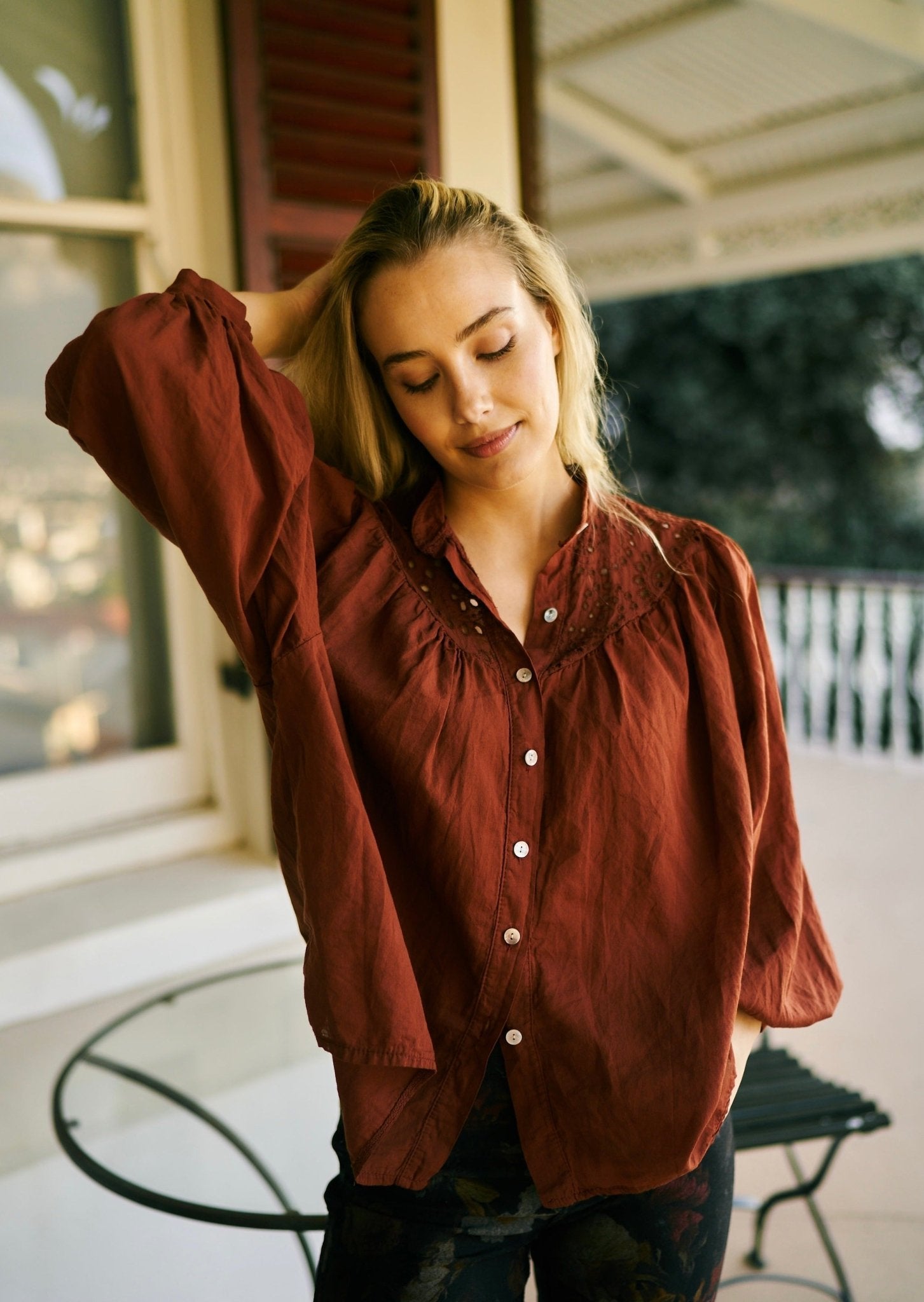 Italian Blouse with Cut out Embroidered Detail in Rust - Tribute StoreTRIBUTE