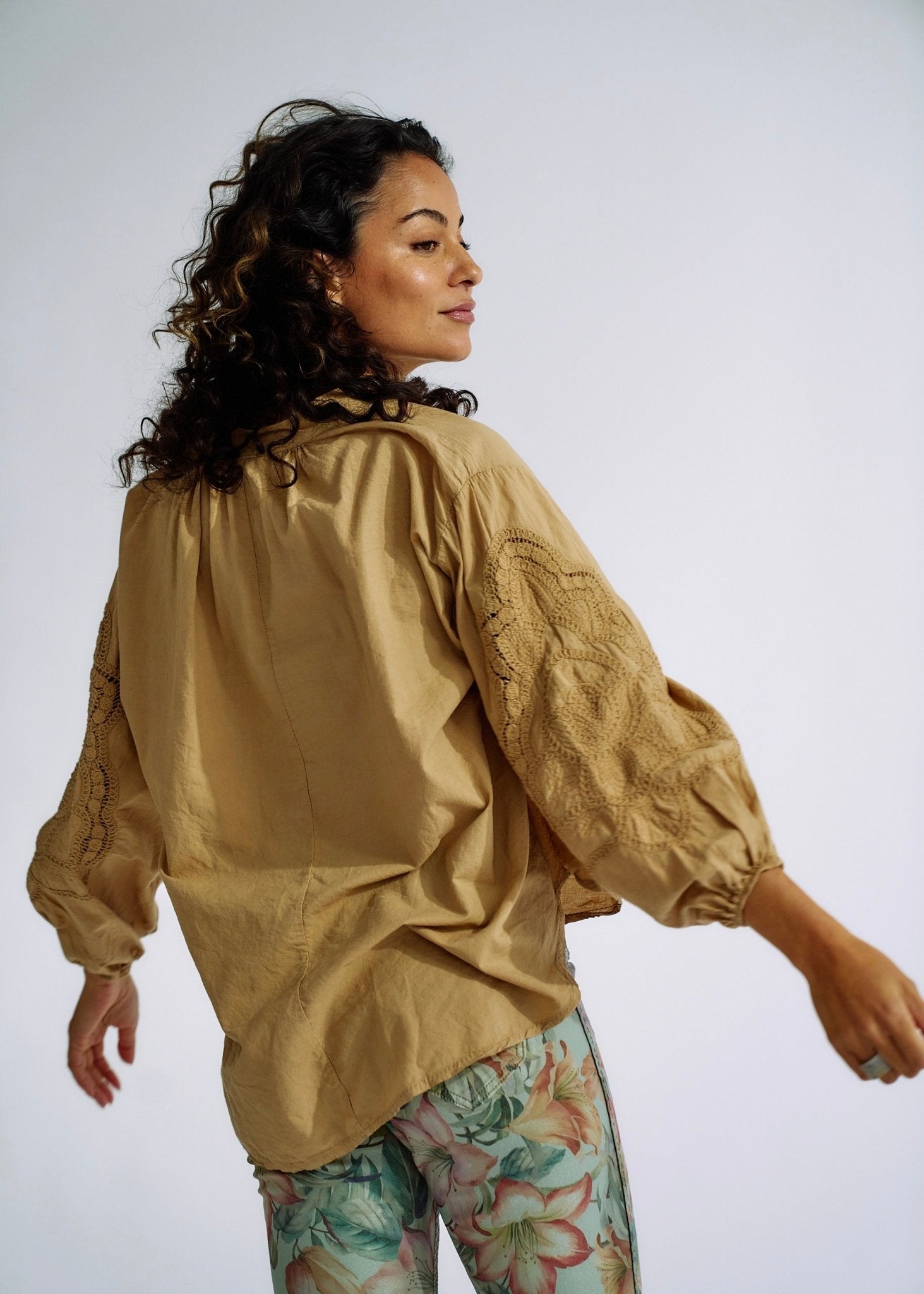 Italian Cotton Blouse with Embroidered Sleeves in CaramelTOPS - Tribute Store