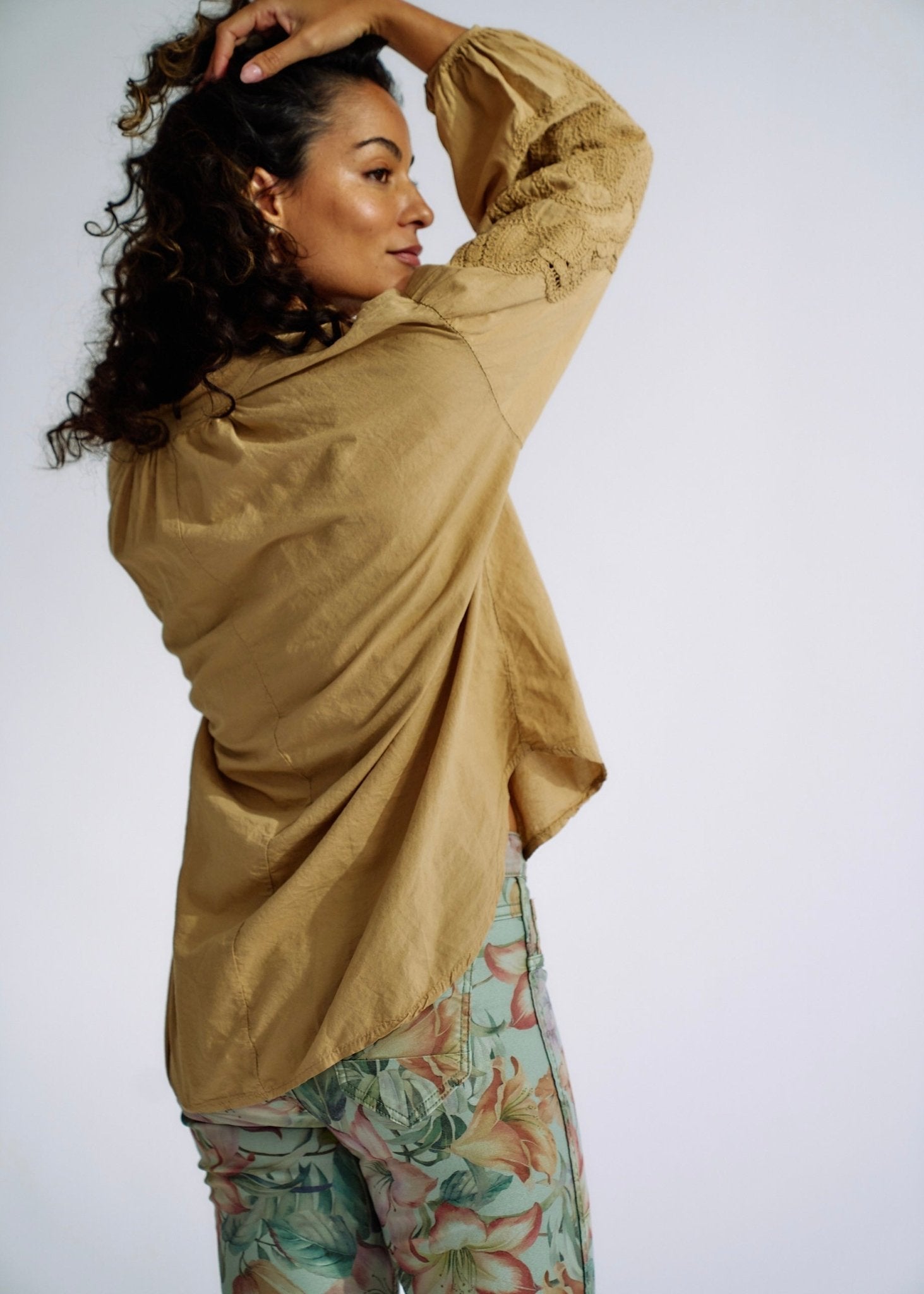 Italian Cotton Blouse with Embroidered Sleeves in CaramelTOPS - Tribute Store