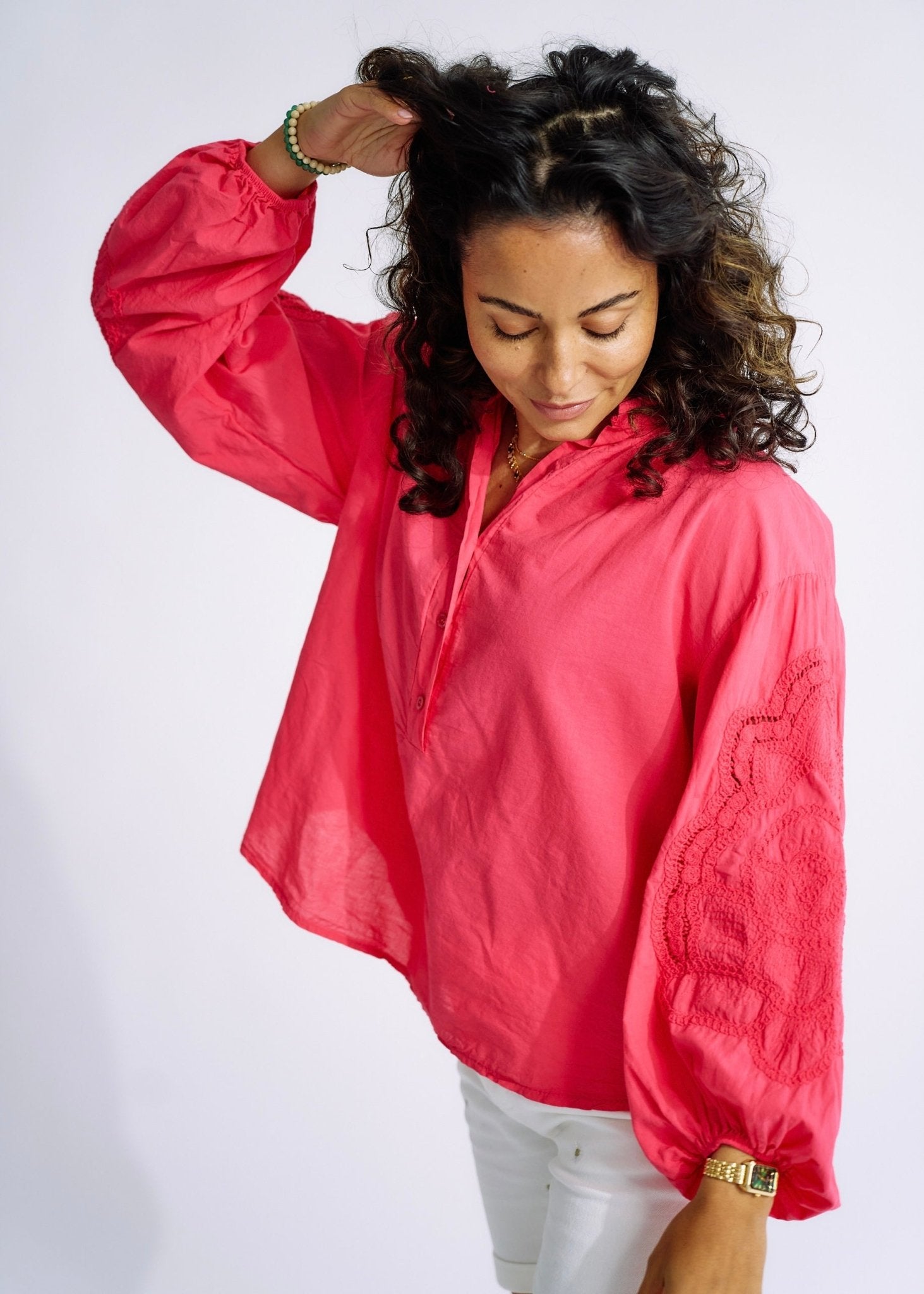 Italian Cotton Blouse with Embroidered Sleeves in StrawberryTOPS - Tribute Store