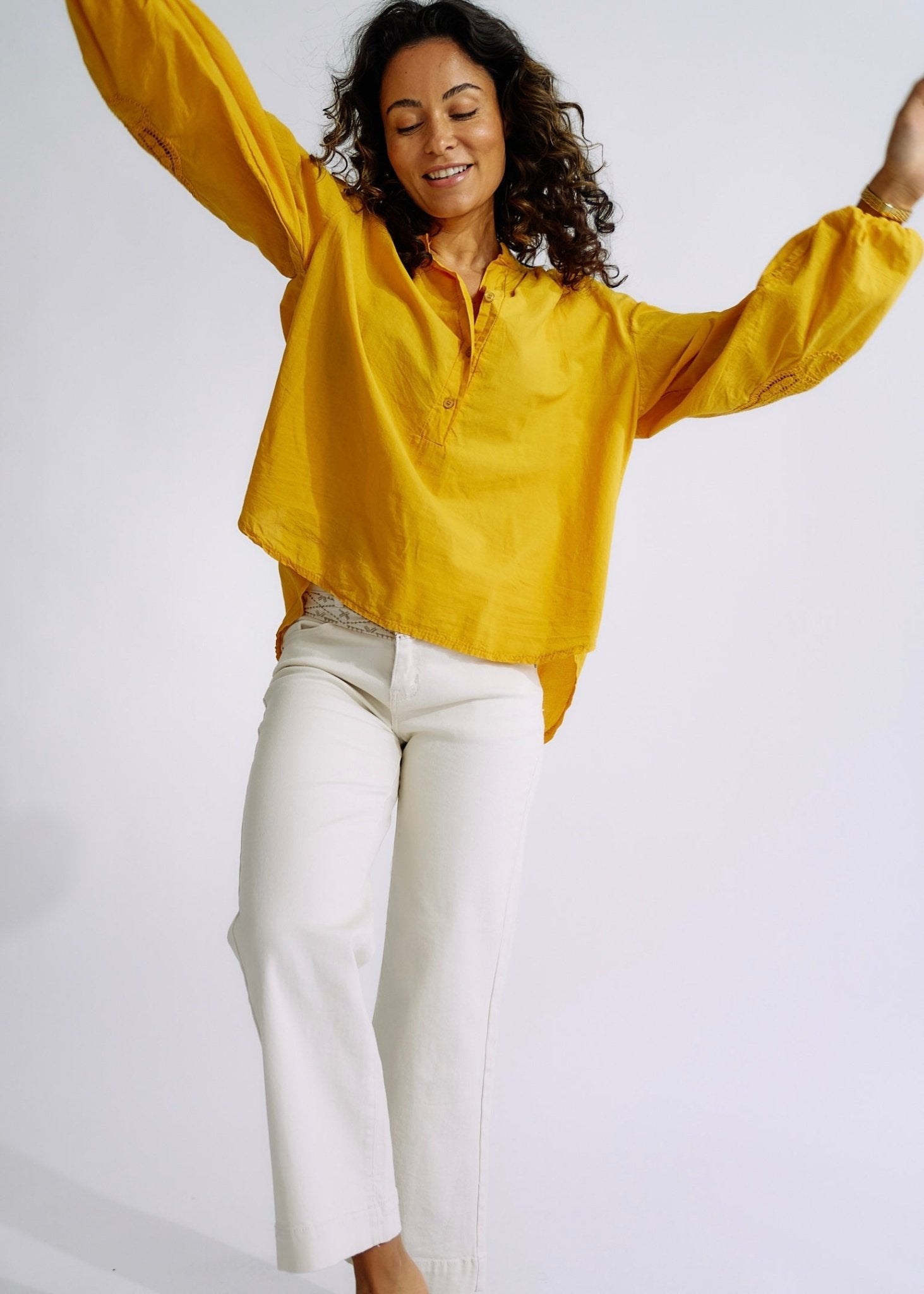 Italian Cotton Blouse with Embroidered Sleeves in YellowTOPS - Tribute Store