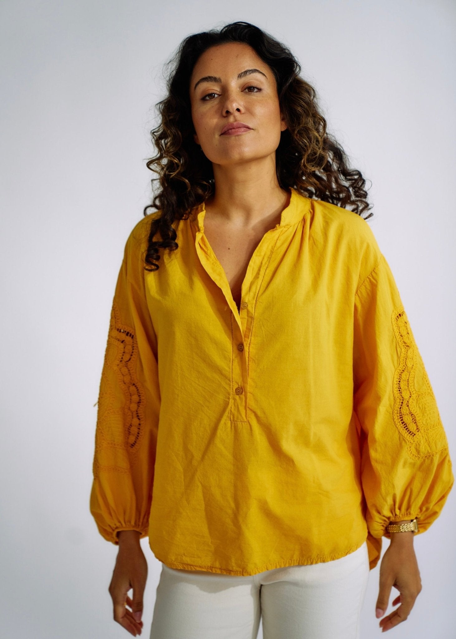 Italian Cotton Blouse with Embroidered Sleeves in YellowTOPS - Tribute Store