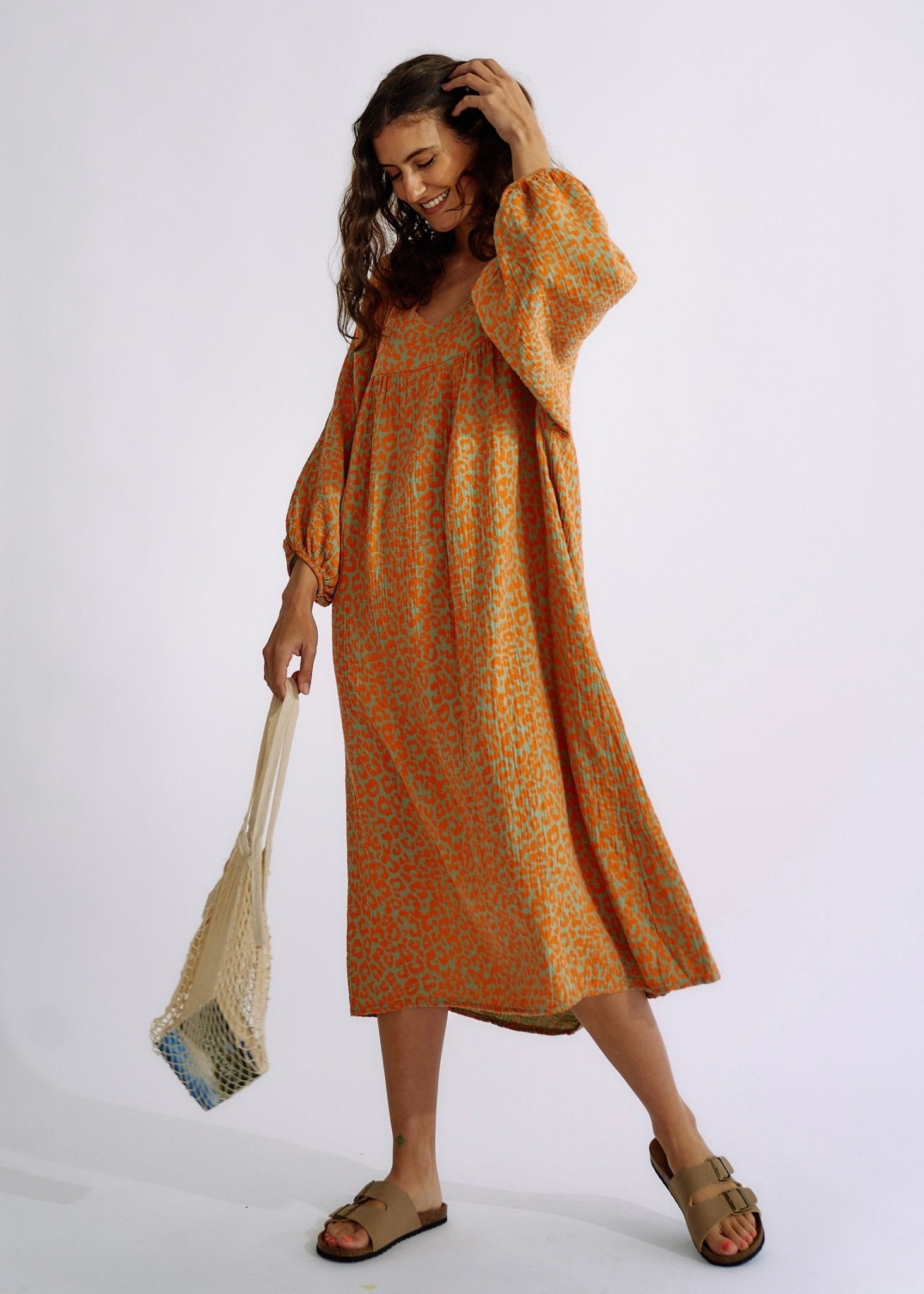 Italian Cotton Maxi Dress in Olive and Orange Leopard PrintDRESSES - Tribute Store