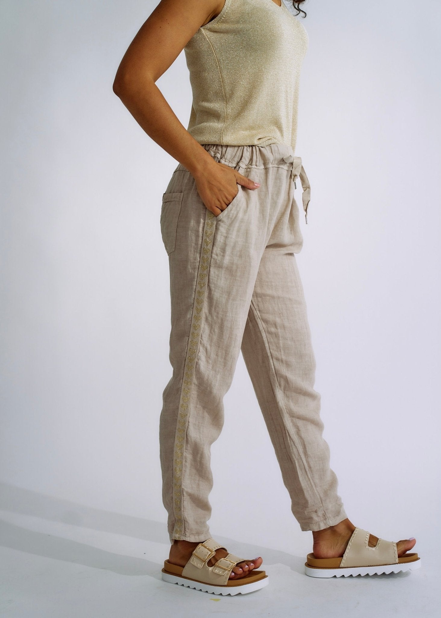 Italian Linen Joggers with Gold Hearts in BeigeBOTTOMS - Tribute Store