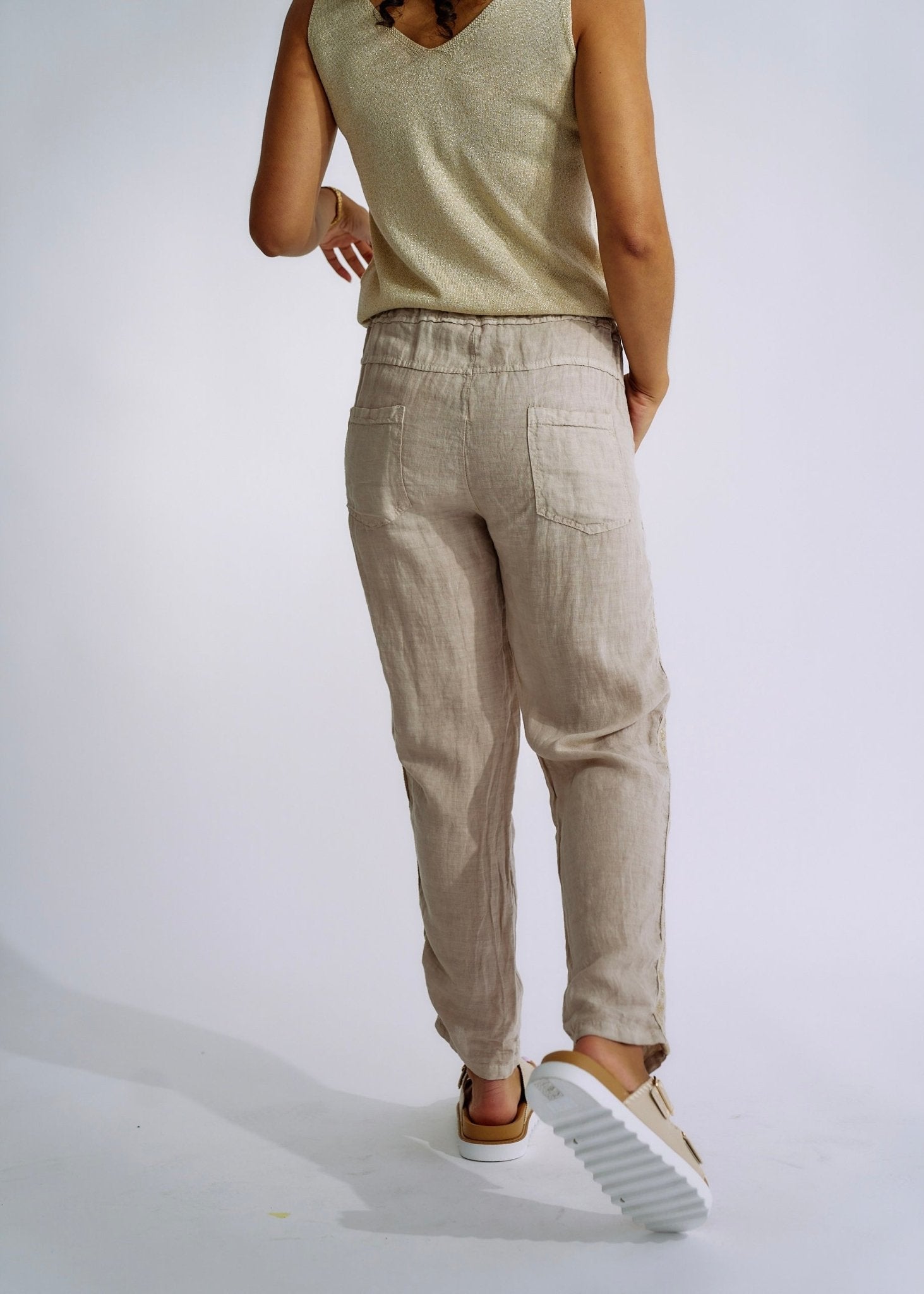 Italian Linen Joggers with Gold Hearts in BeigeBOTTOMS - Tribute Store