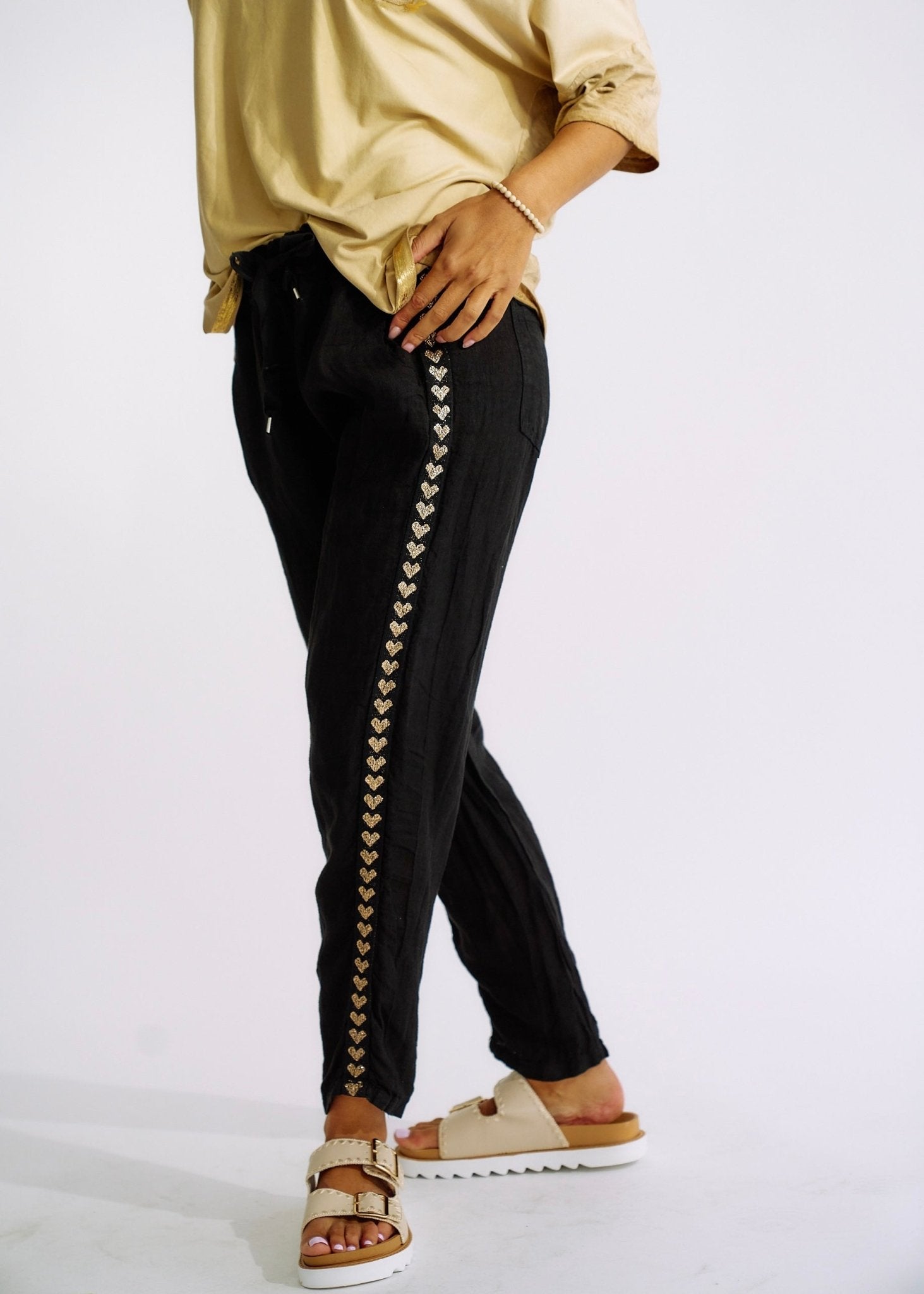 Italian Linen Joggers with Gold Hearts in BlackBOTTOMS - Tribute Store