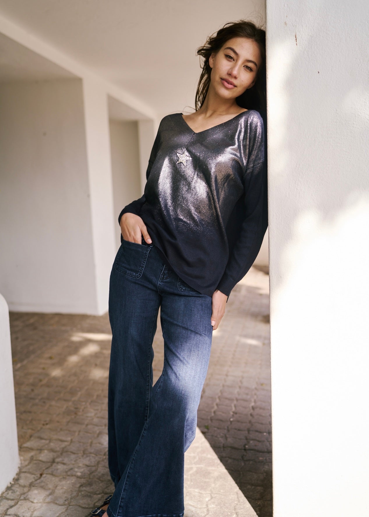 Italian Oversized Jumper with Shimmer Star In Blue MarineTOPS - Tribute Store