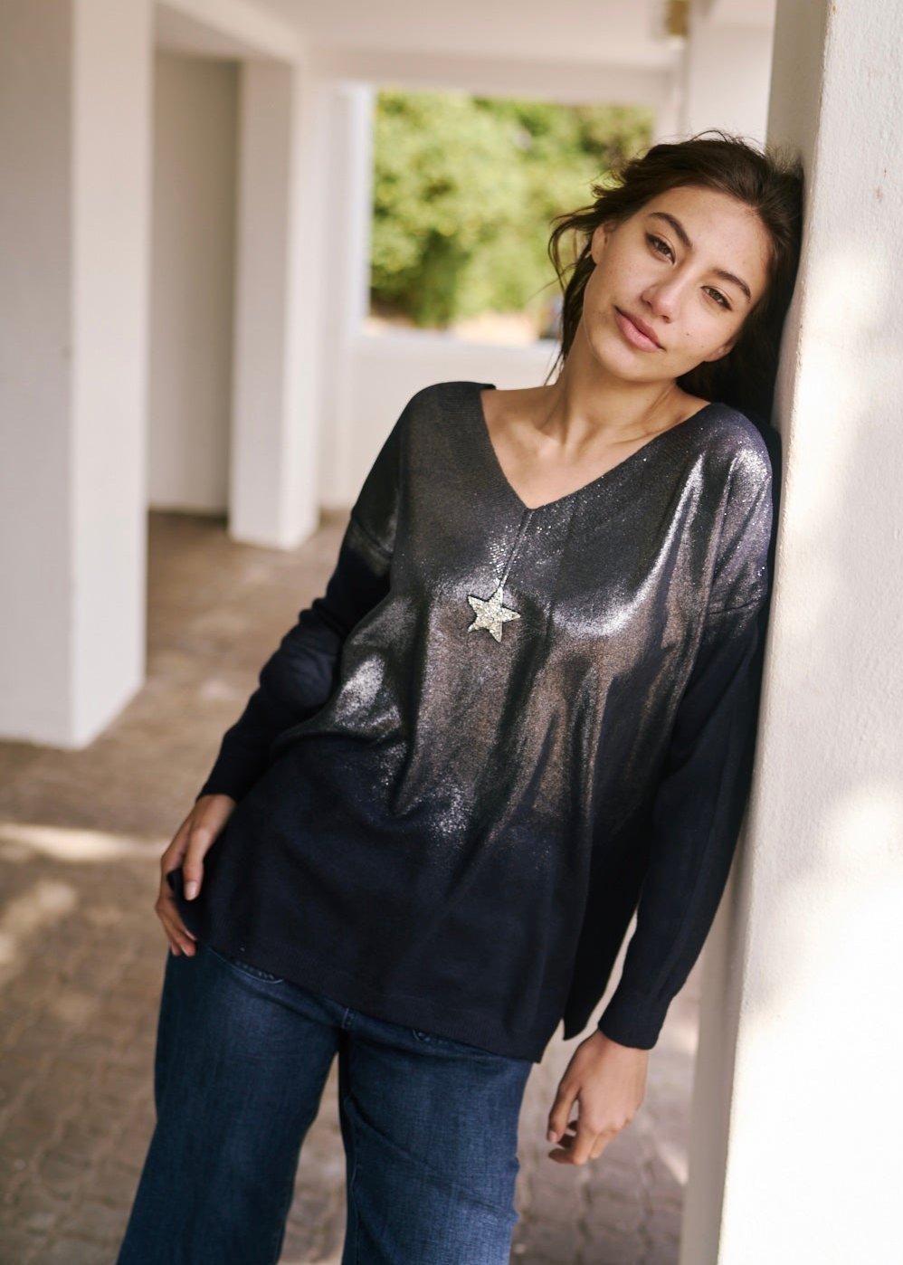 Italian Oversized Jumper with Shimmer Star In Blue MarineTOPS - Tribute Store