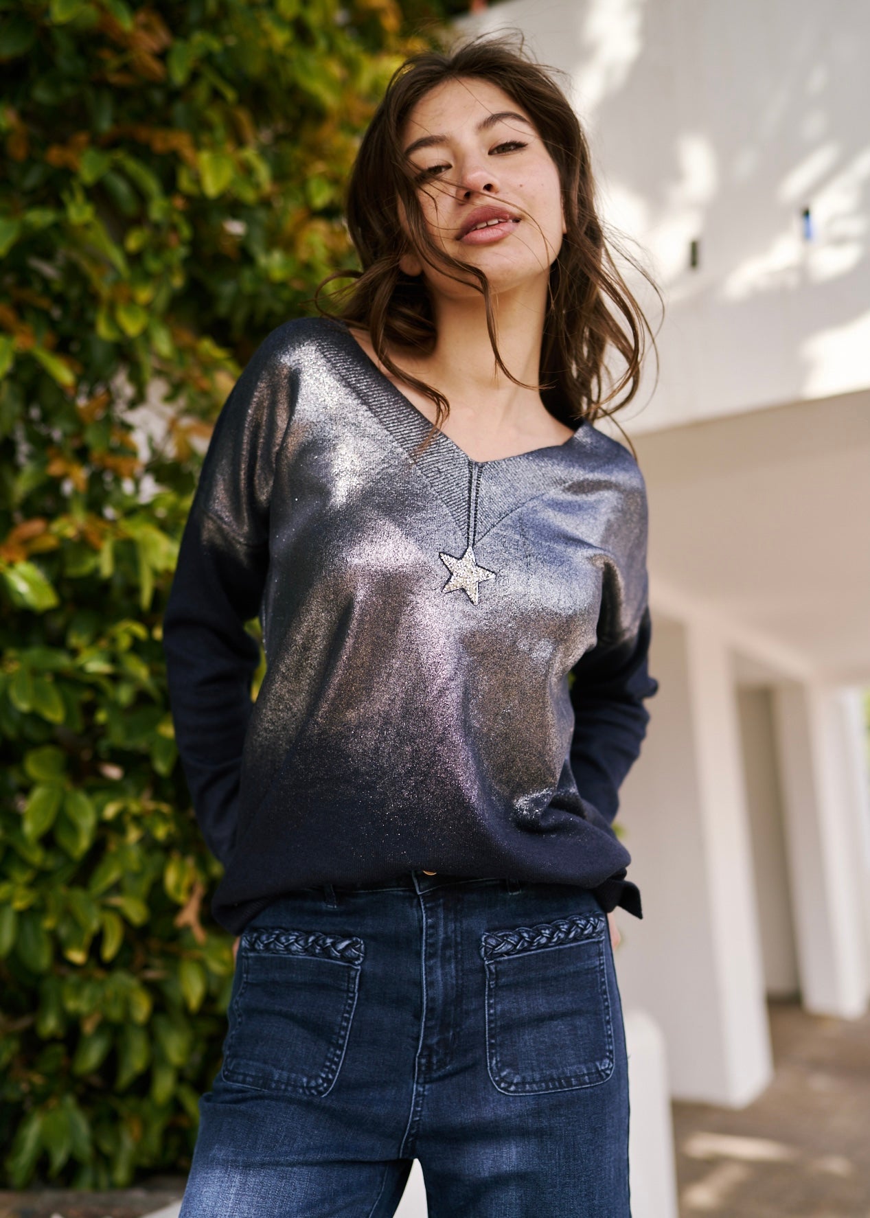 Italian Oversized Jumper with Shimmer Star In Blue MarineTOPS - Tribute Store