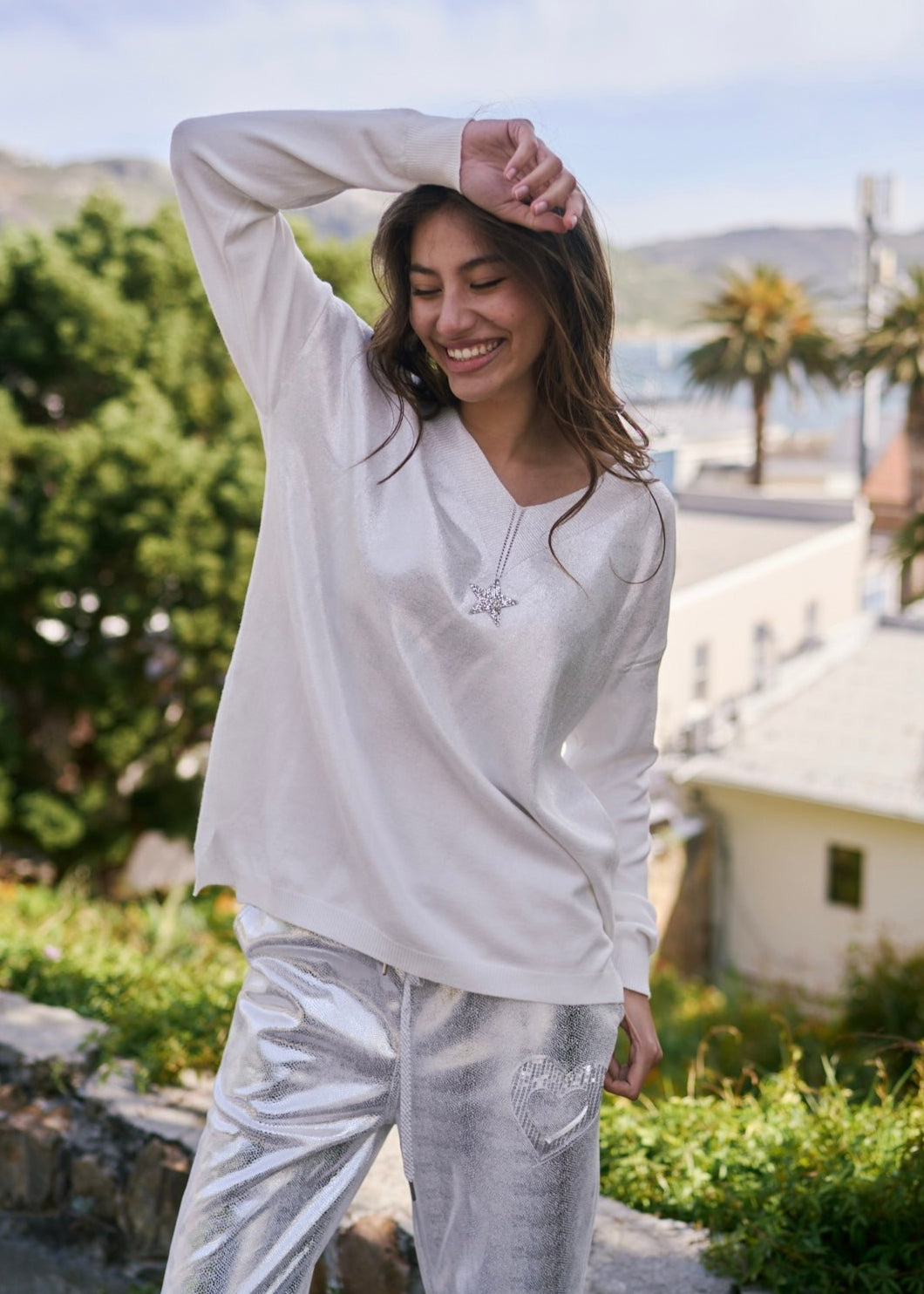 View our Italian Oversized Jumper with Shimmer Star In White - The ultimate TOPS created by TRIBUTE and sold here, at Tribute Store