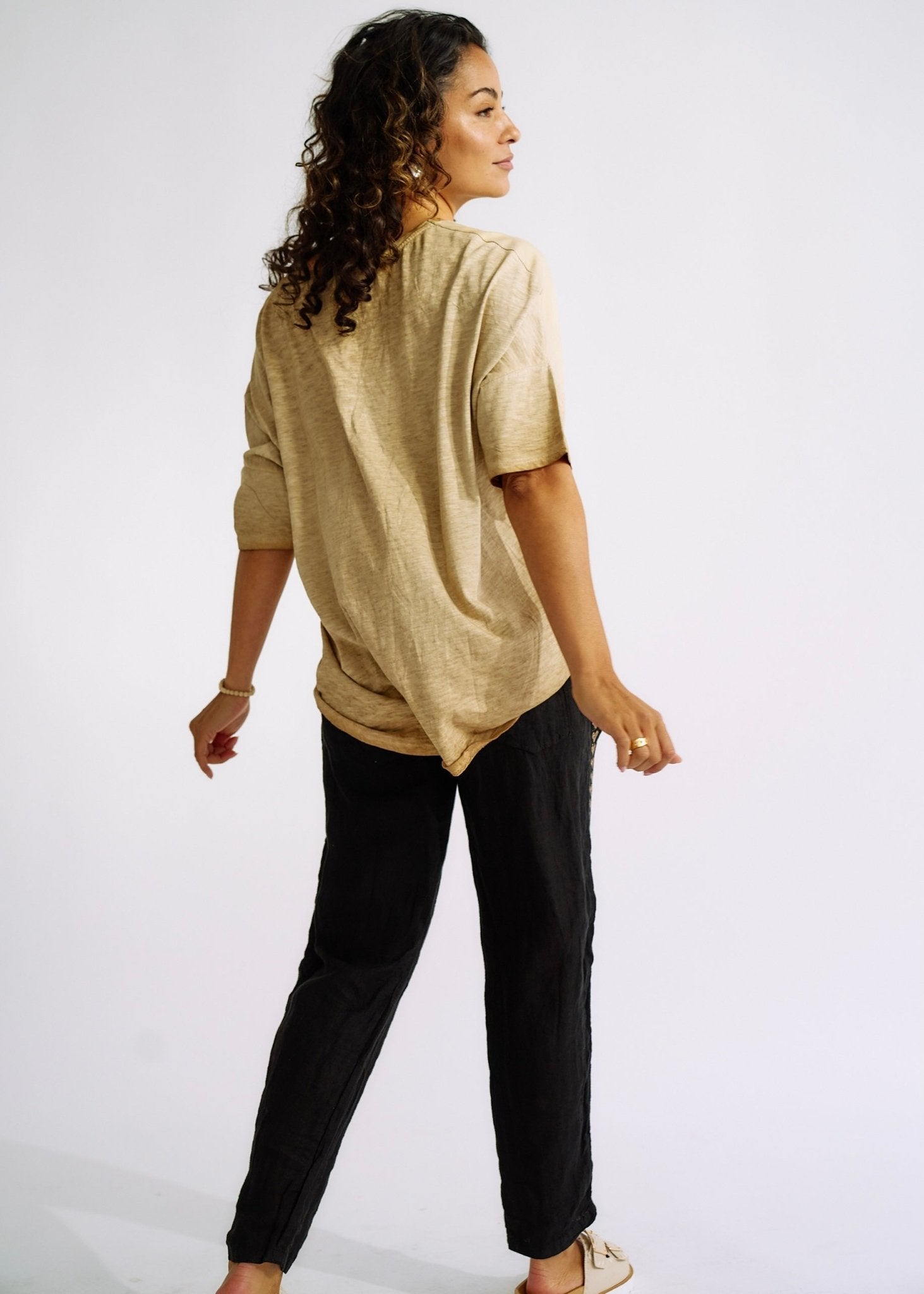 Italian Oversized Tee with Sequin Pocket and Gold Foil in CaramelTOPS - Tribute Store