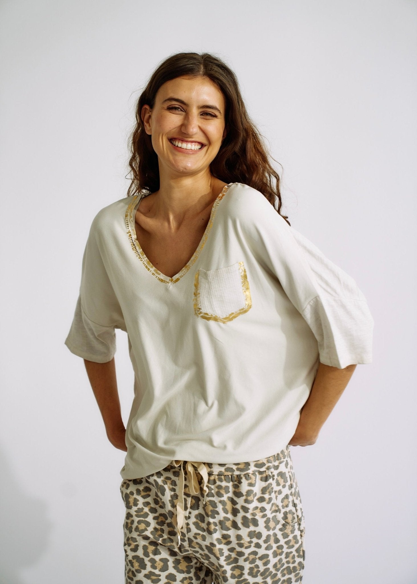 Italian Oversized Tee with Sequin Pocket and Gold Foil in CreamTOPS - Tribute Store