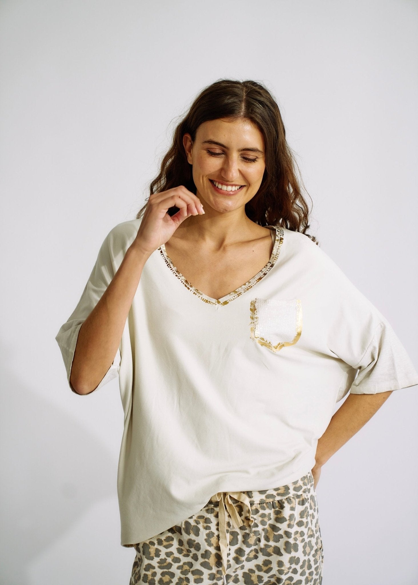 Italian Oversized Tee with Sequin Pocket and Gold Foil in CreamTOPS - Tribute Store