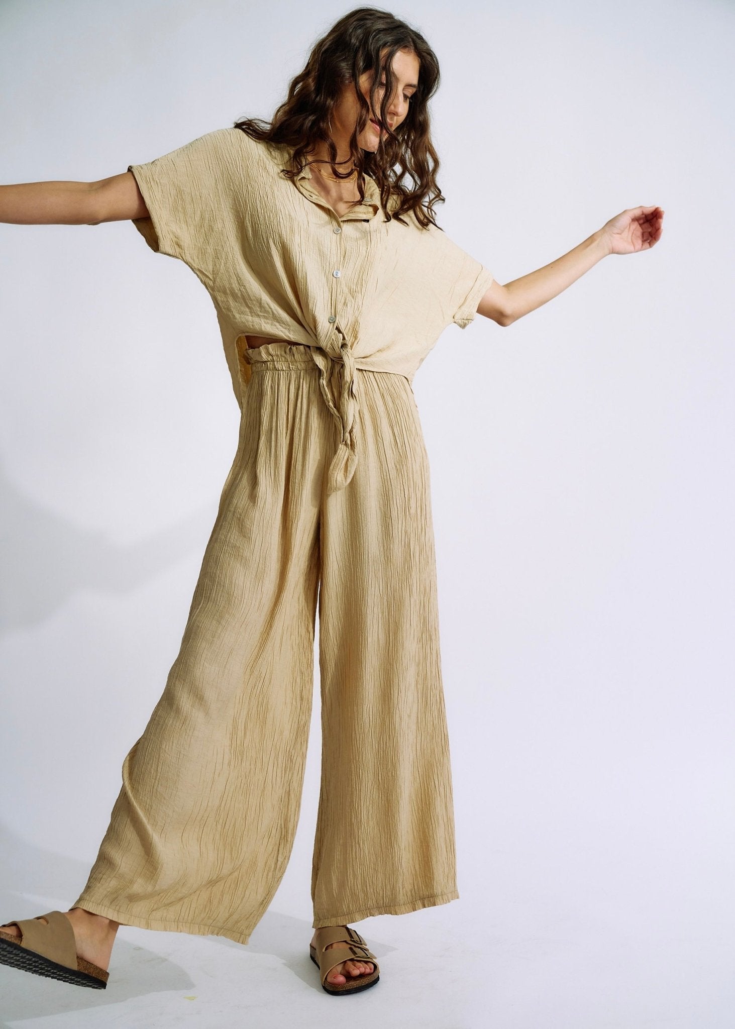 Italian Pleated Loungewear Set in CaramelTOPS - Tribute Store