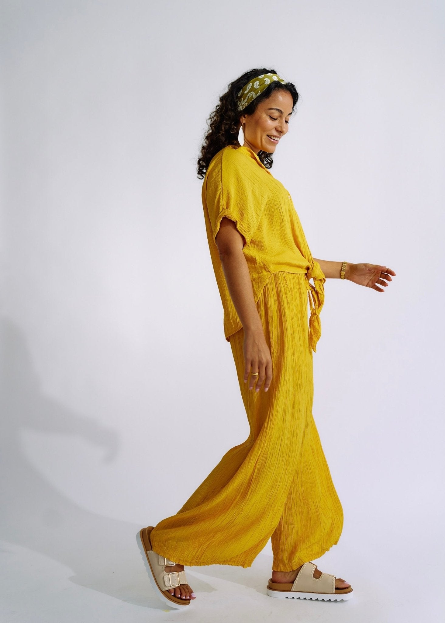 View our Italian Pleated loungewear Set in Yellow - The ultimate LOUNGEWEAR created by TRIBUTE and sold here, at Tribute Store