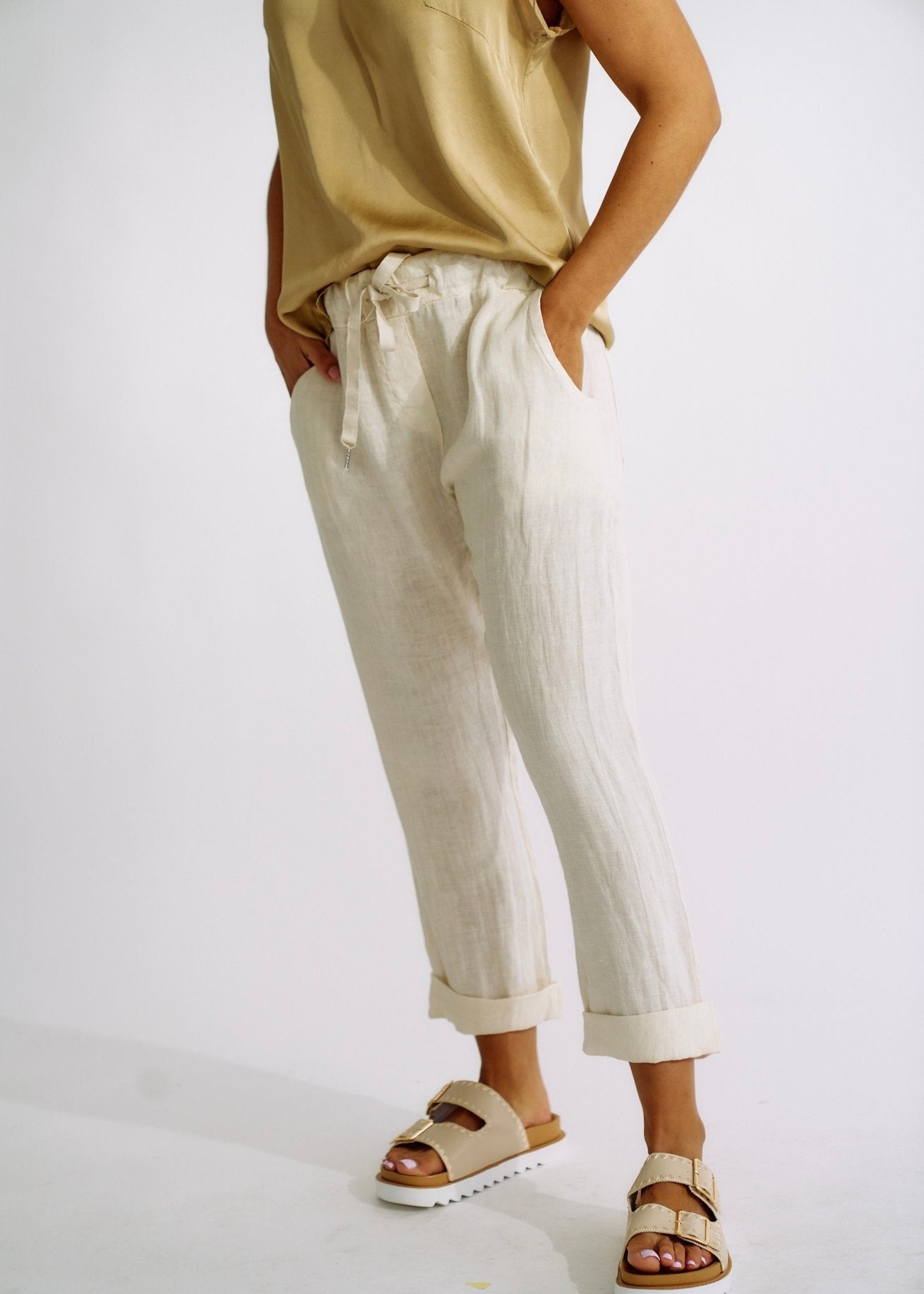 Italian Pure Linen Joggers with Sparkle Star In CreamBOTTOMS - Tribute Store