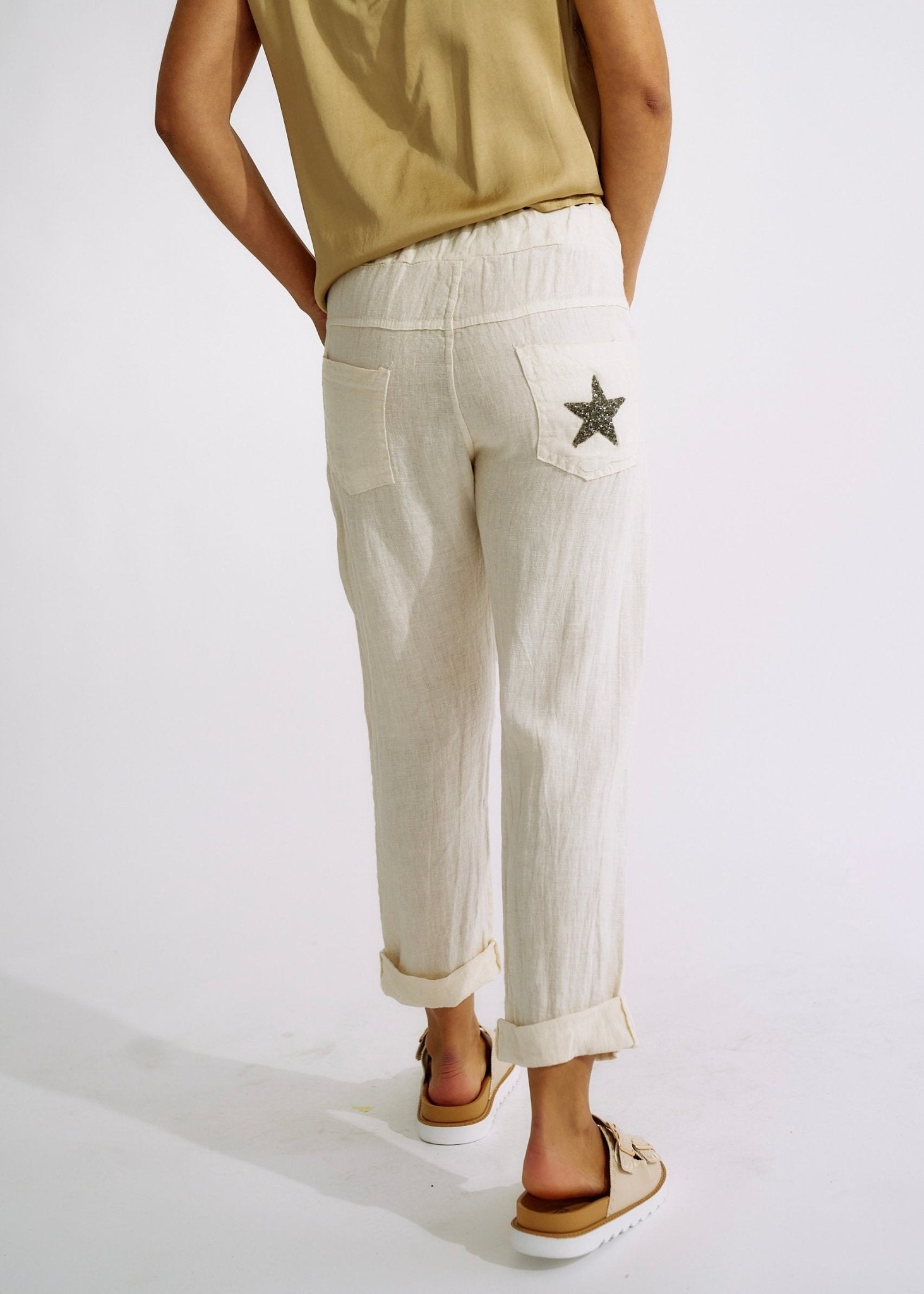 Italian Pure Linen Joggers with Sparkle Star In CreamBOTTOMS - Tribute Store