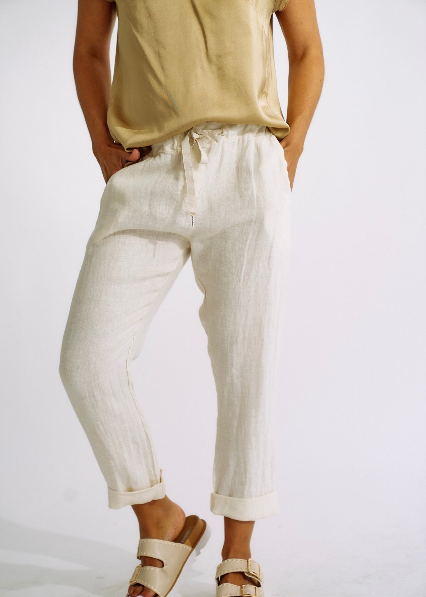 Italian Pure Linen Joggers with Sparkle Star In CreamBOTTOMS - Tribute Store