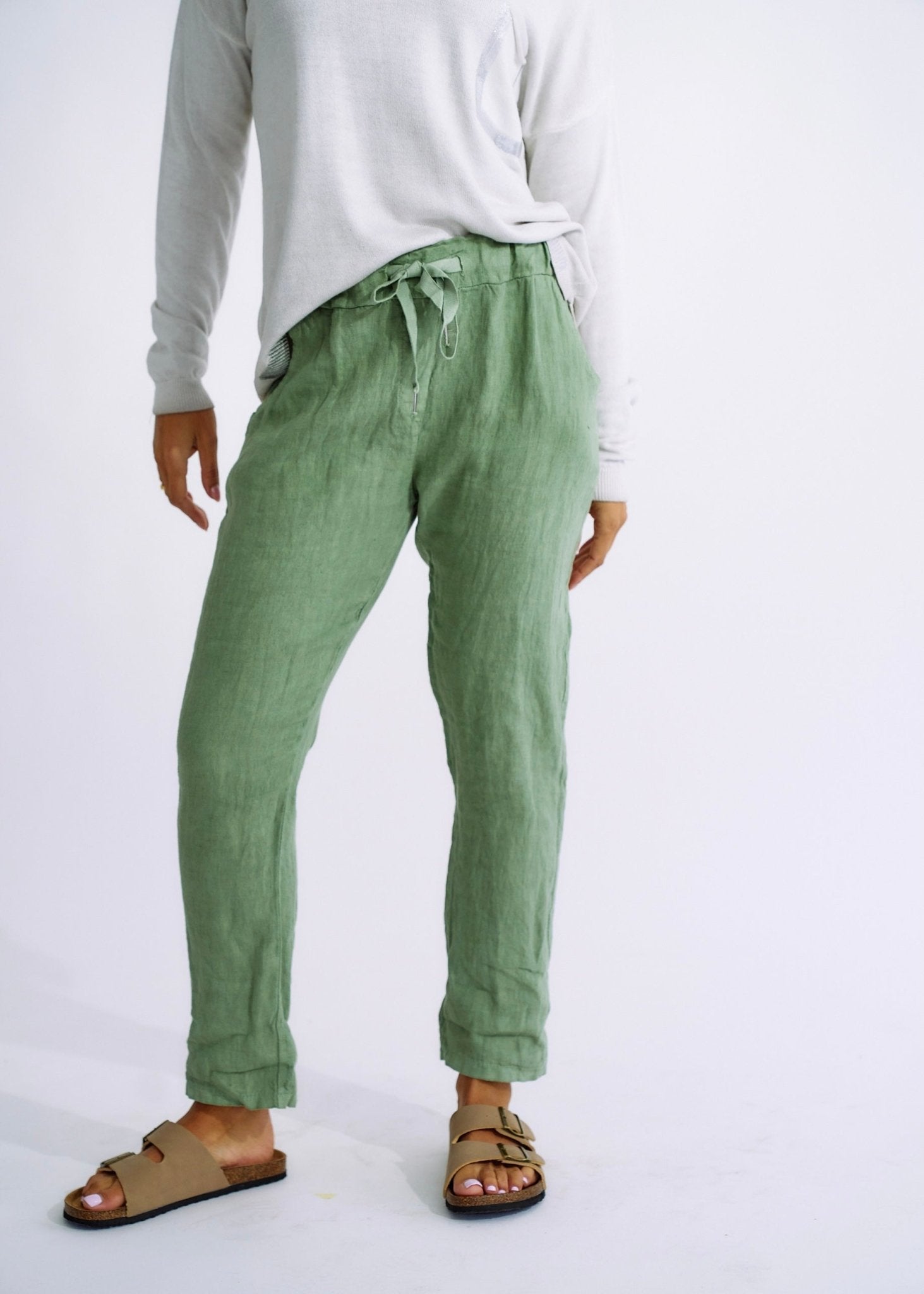 Italian Pure Linen Joggers with Sparkle Star In KhakiBOTTOMS - Tribute Store