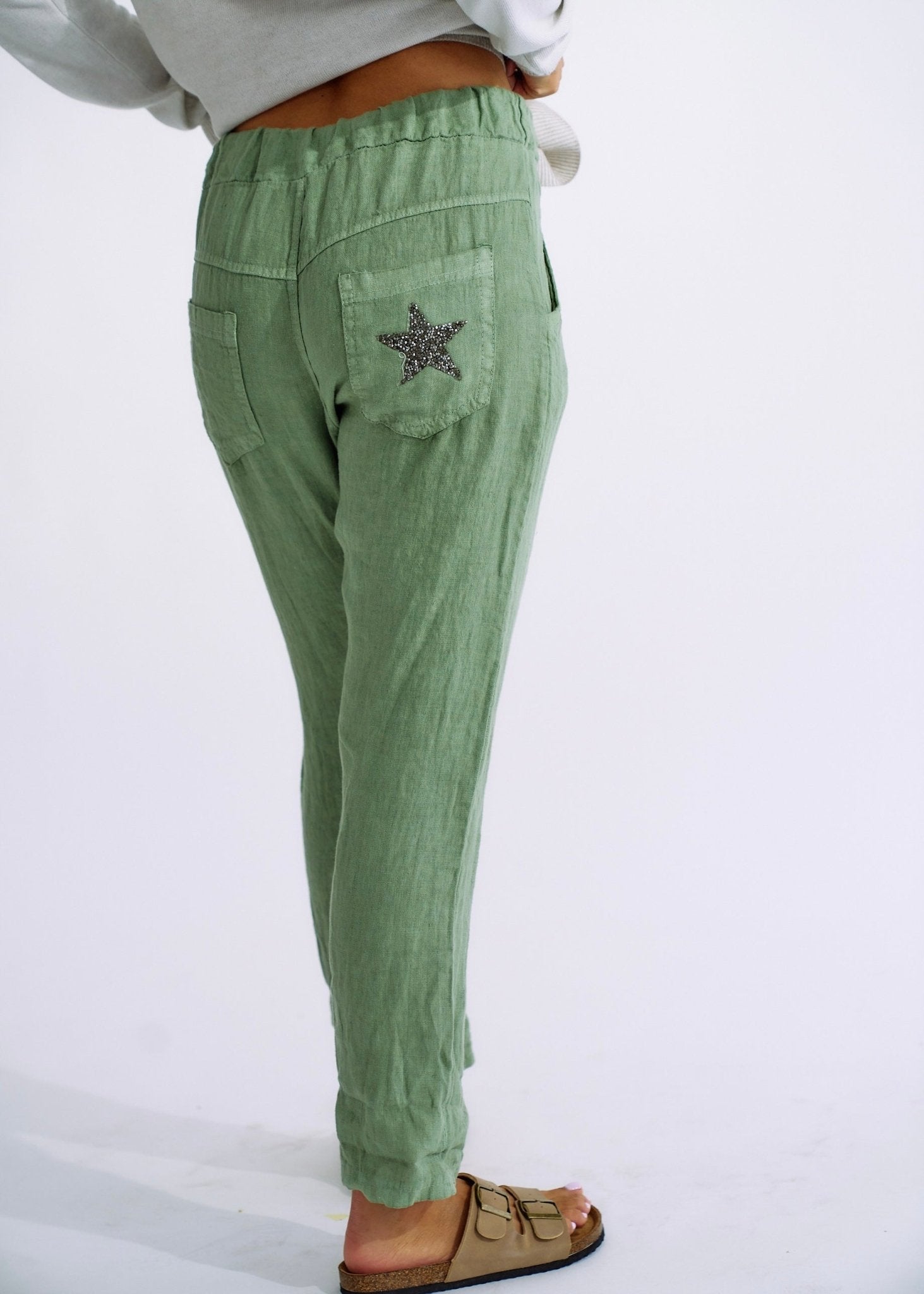 Italian Pure Linen Joggers with Sparkle Star In KhakiBOTTOMS - Tribute Store