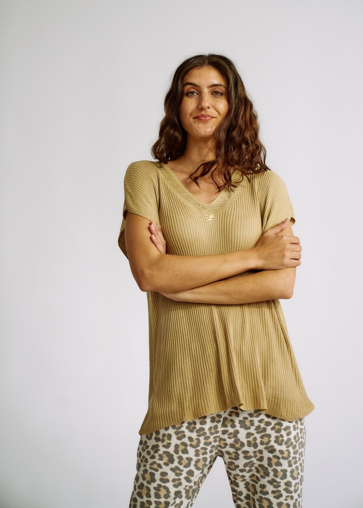 Italian Rib Knit V Neck Tee with Gold Foil Neckline in CaramelTOPS - Tribute Store