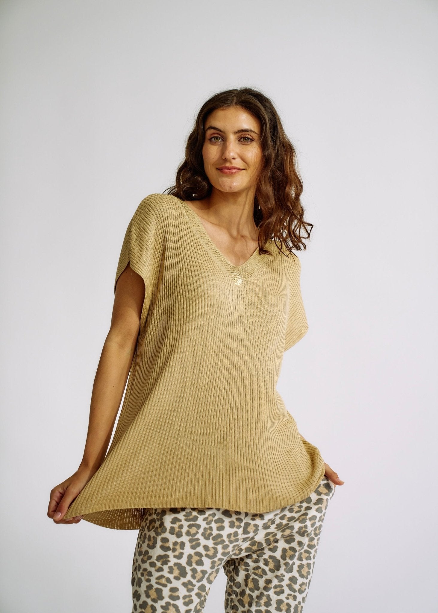 Italian Rib Knit V Neck Tee with Gold Foil Neckline in CaramelTOPS - Tribute Store