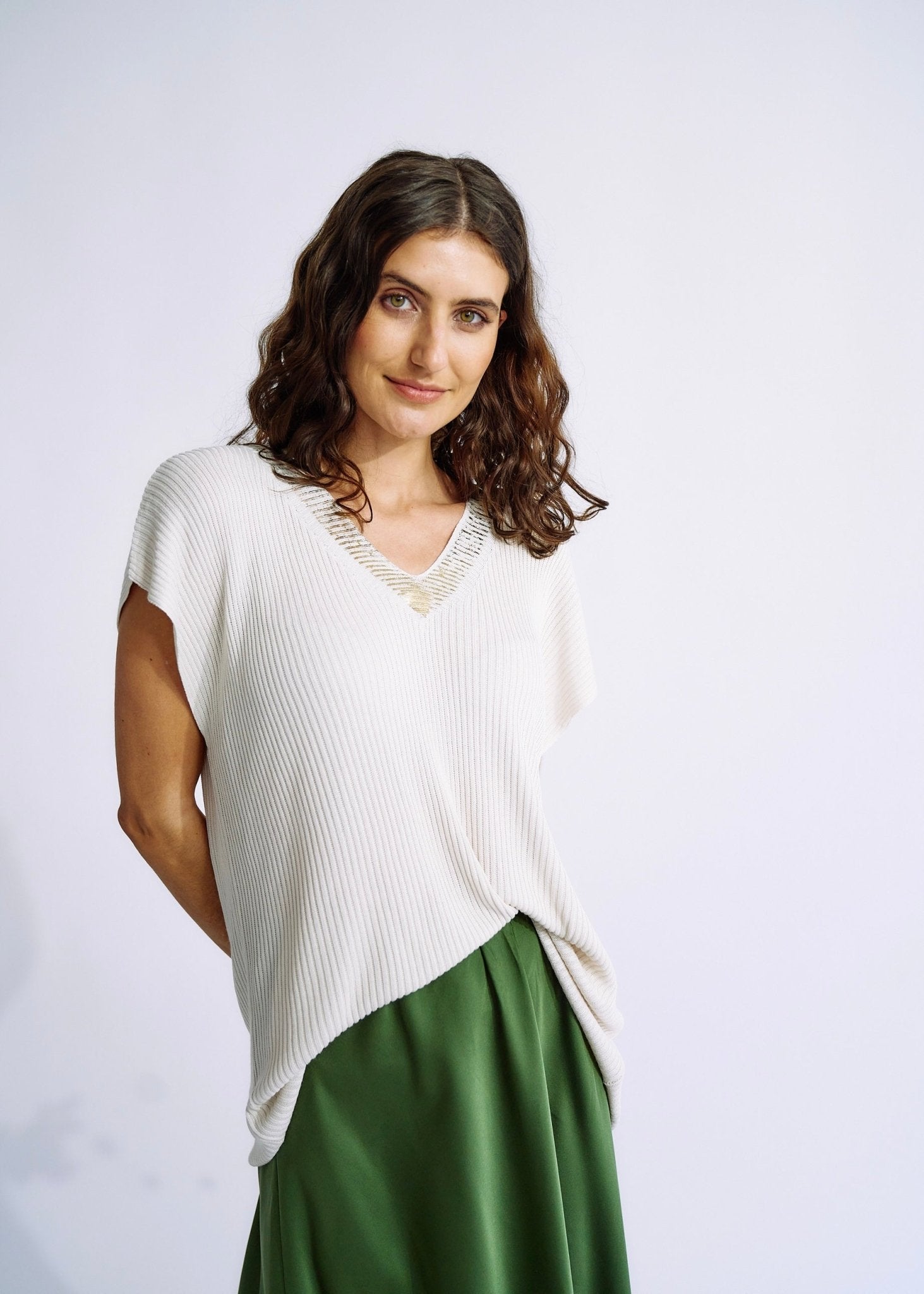 Italian Rib Knit V Neck Tee with Gold Foil Neckline in CreamTOPS - Tribute Store