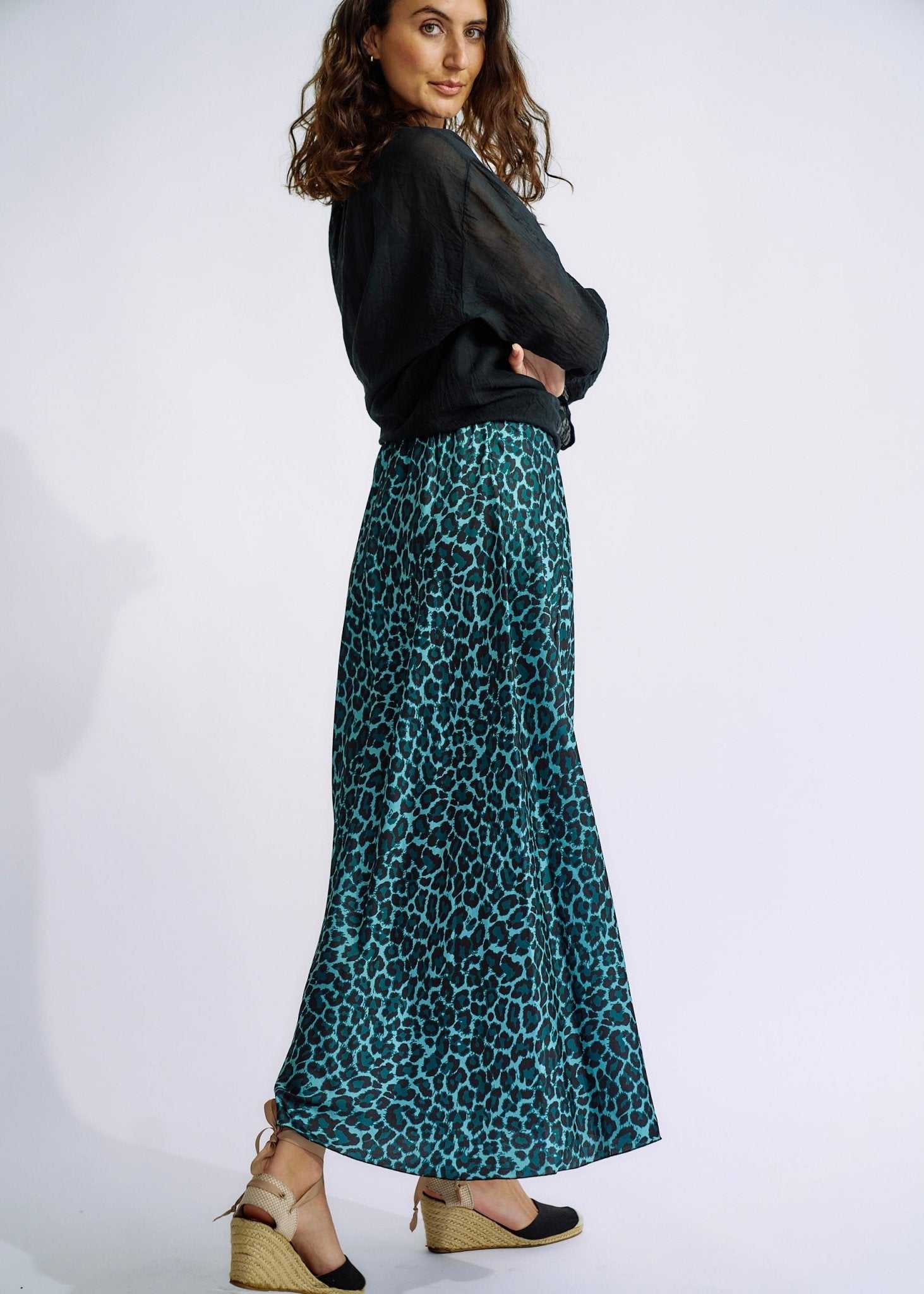 Italian Satin Skirt in Turquoise Leopard PrintBOTTOMS - Tribute Store