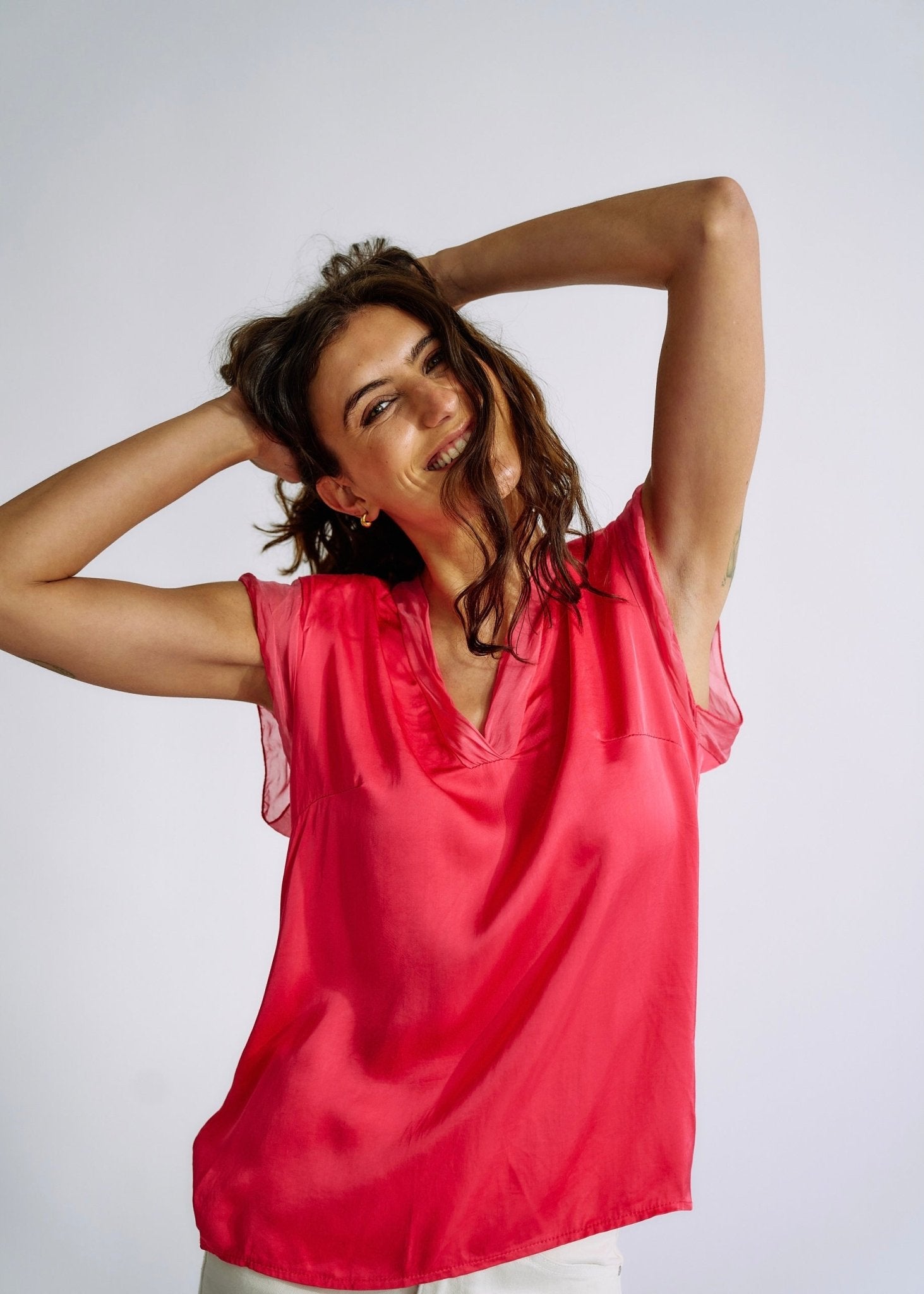 Italian Satin V Neck tee with Silk Trims in StrawberryTOPS - Tribute Store